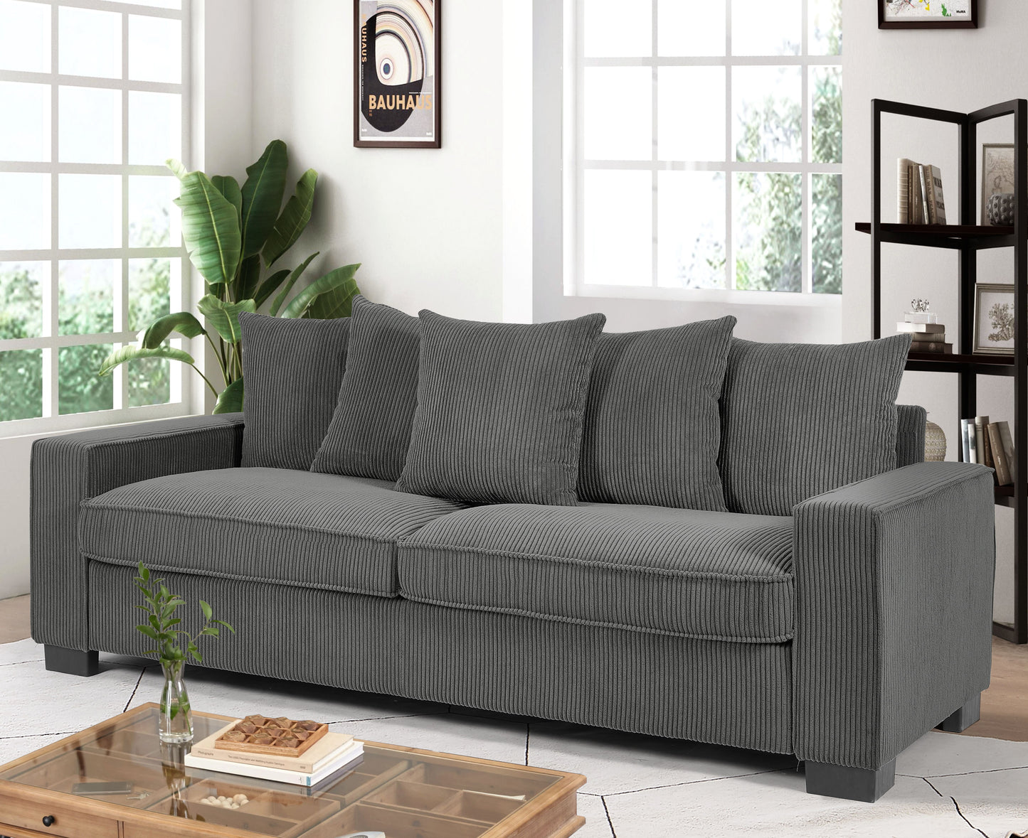 Comfortable charcoal corduroy sectional sofa with plush cushions perfect for modern living rooms
