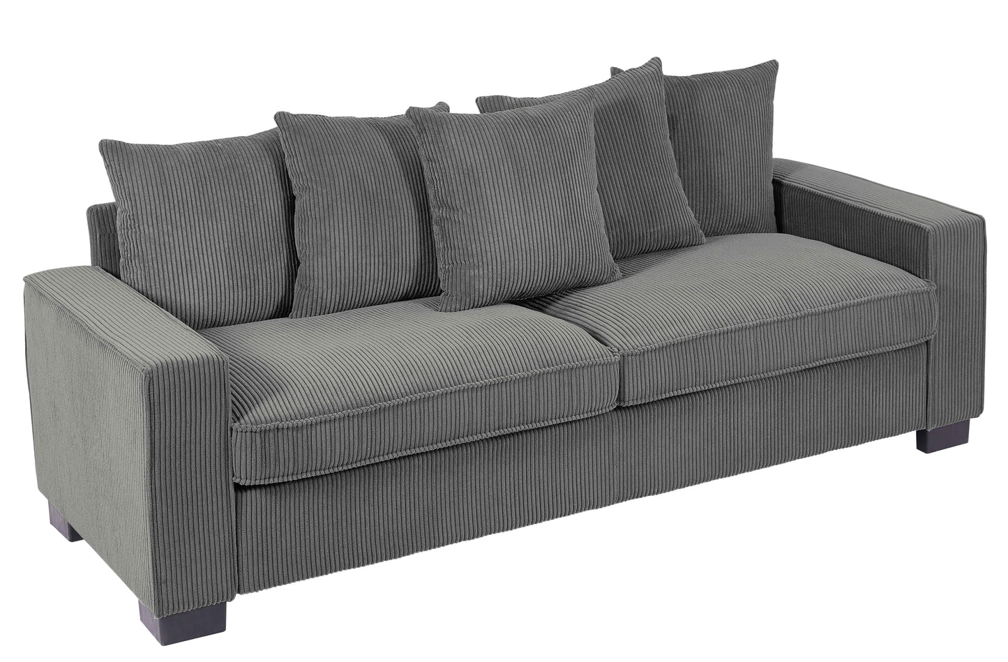 Gray corduroy threeseater sofa with plush throw pillows for living room comfort