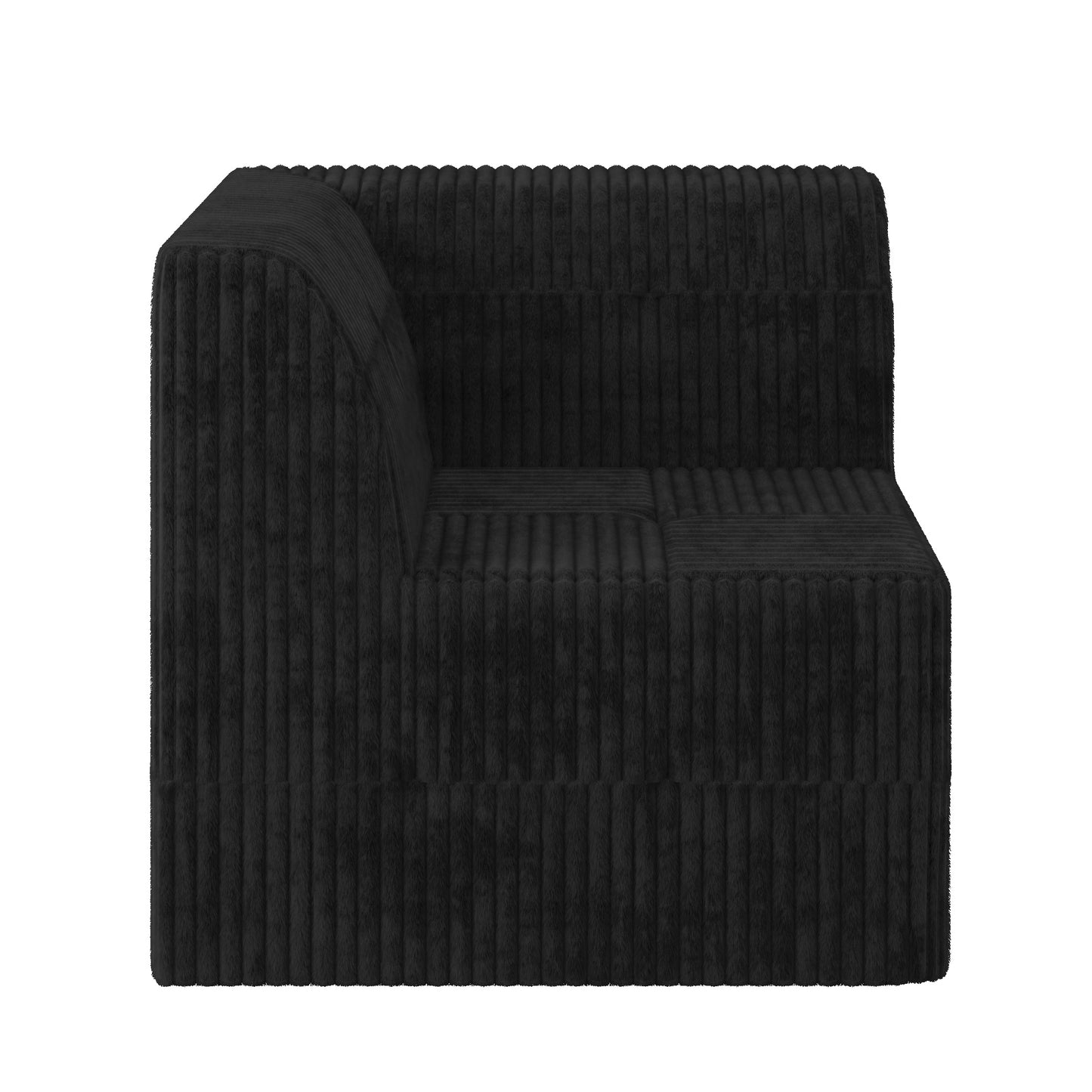Black corduroy modular sofa corner piece with plush texture