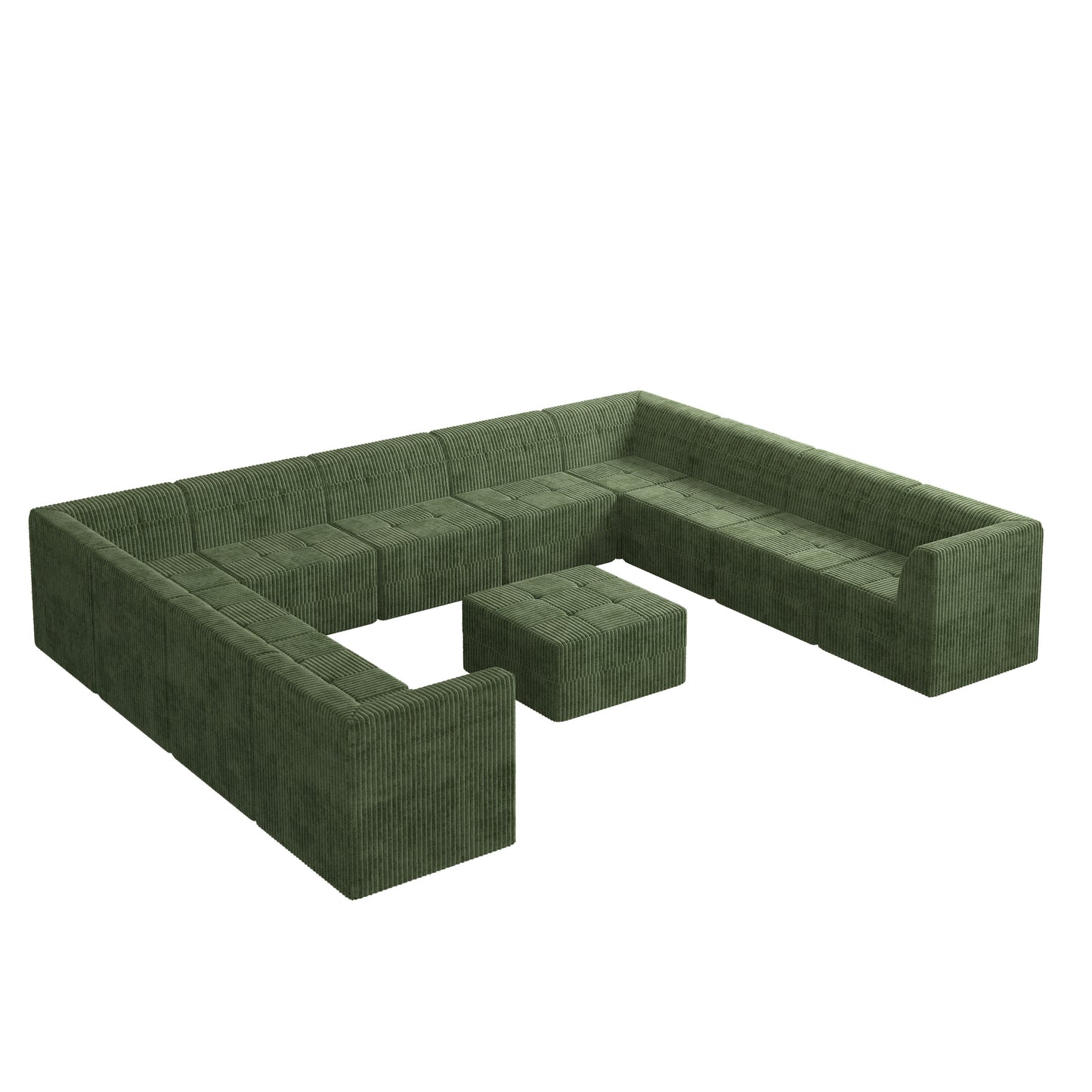 Green corduroy sectional sofa with tufted cushions and a matching ottoman for living room comfort