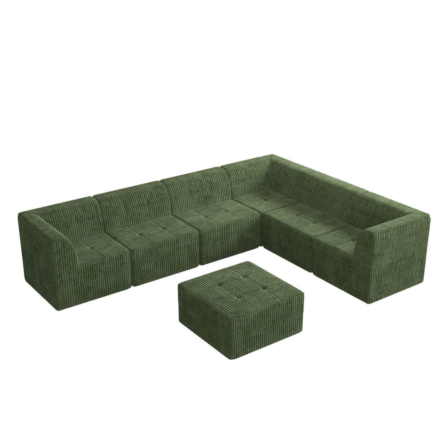 Modular green corduroy sectional sofa with tufted cushions and matching ottoman