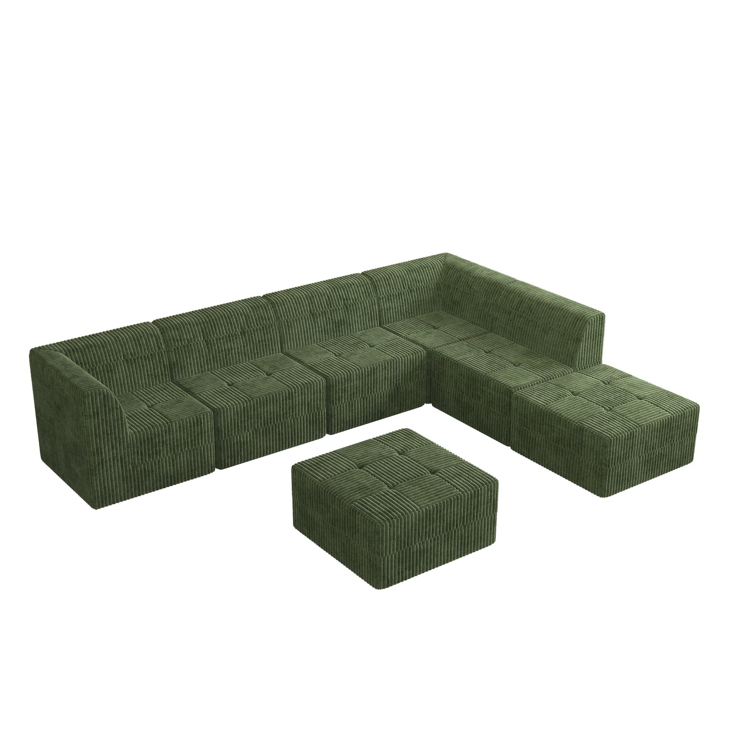 Modular green corduroy sectional sofa with matching ottoman for modern living rooms