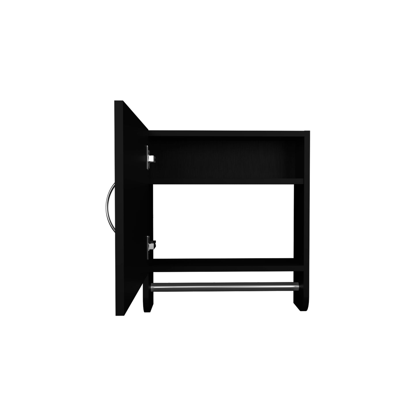 Black modern medicine cabinet with open door chrome handle and interior shelf