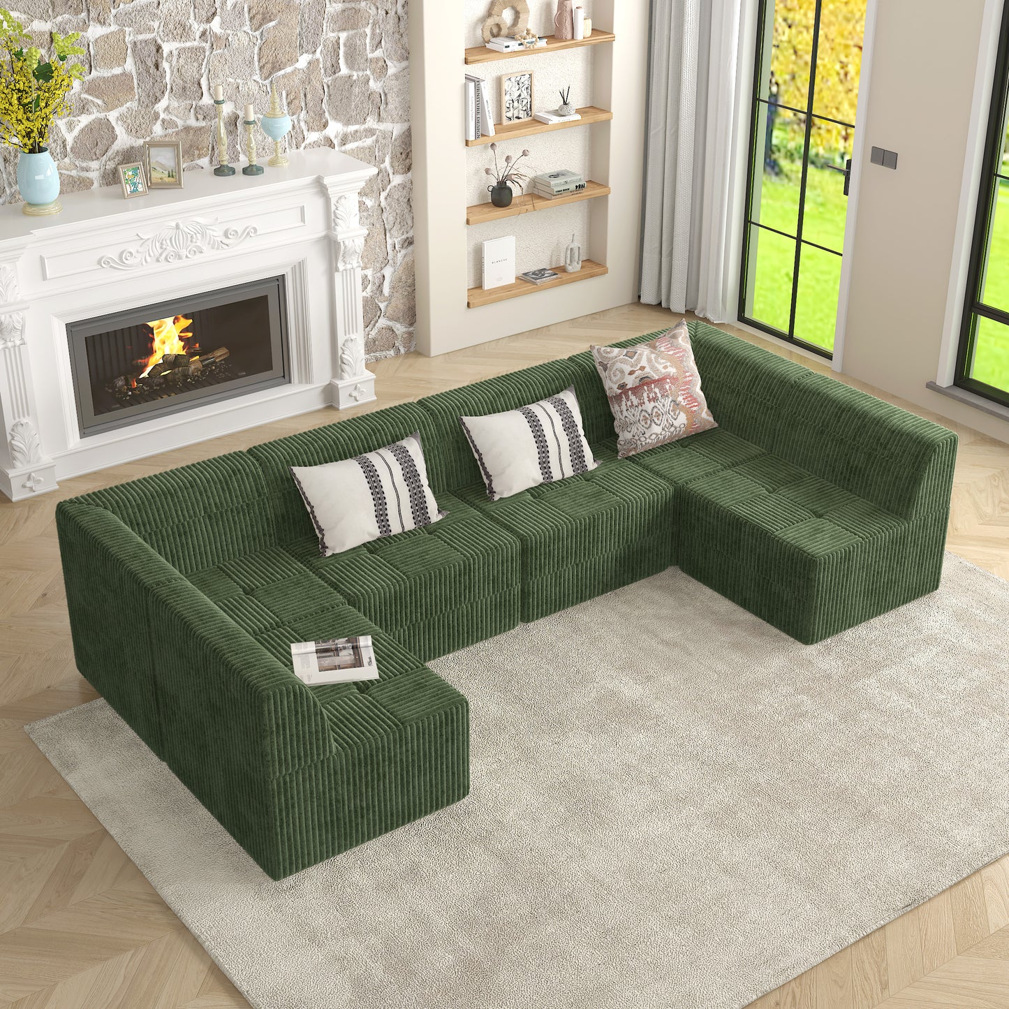 Deep green corduroy sectional sofa with plush cushions for modern living spaces