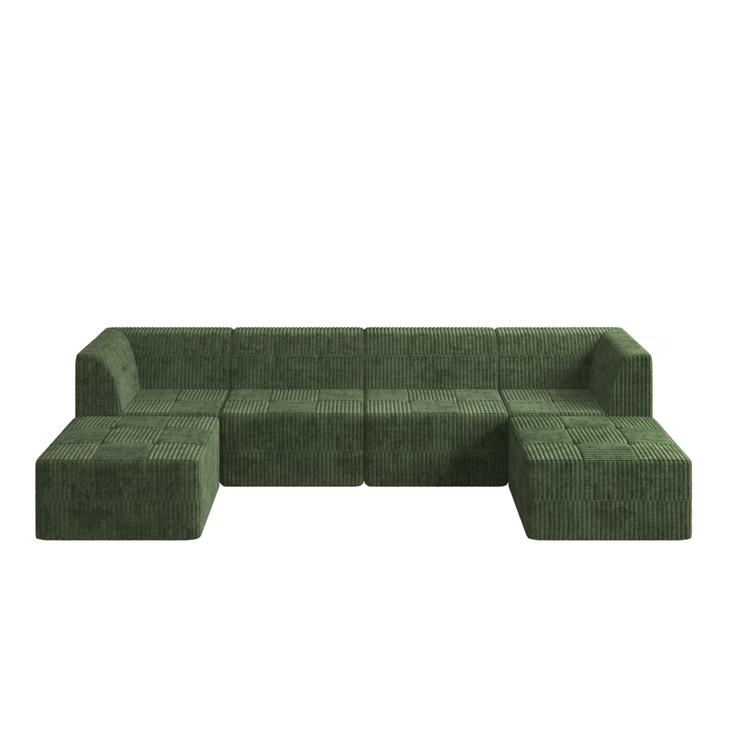 Green corduroy sectional sofa with multiple modular units and two ottomans
