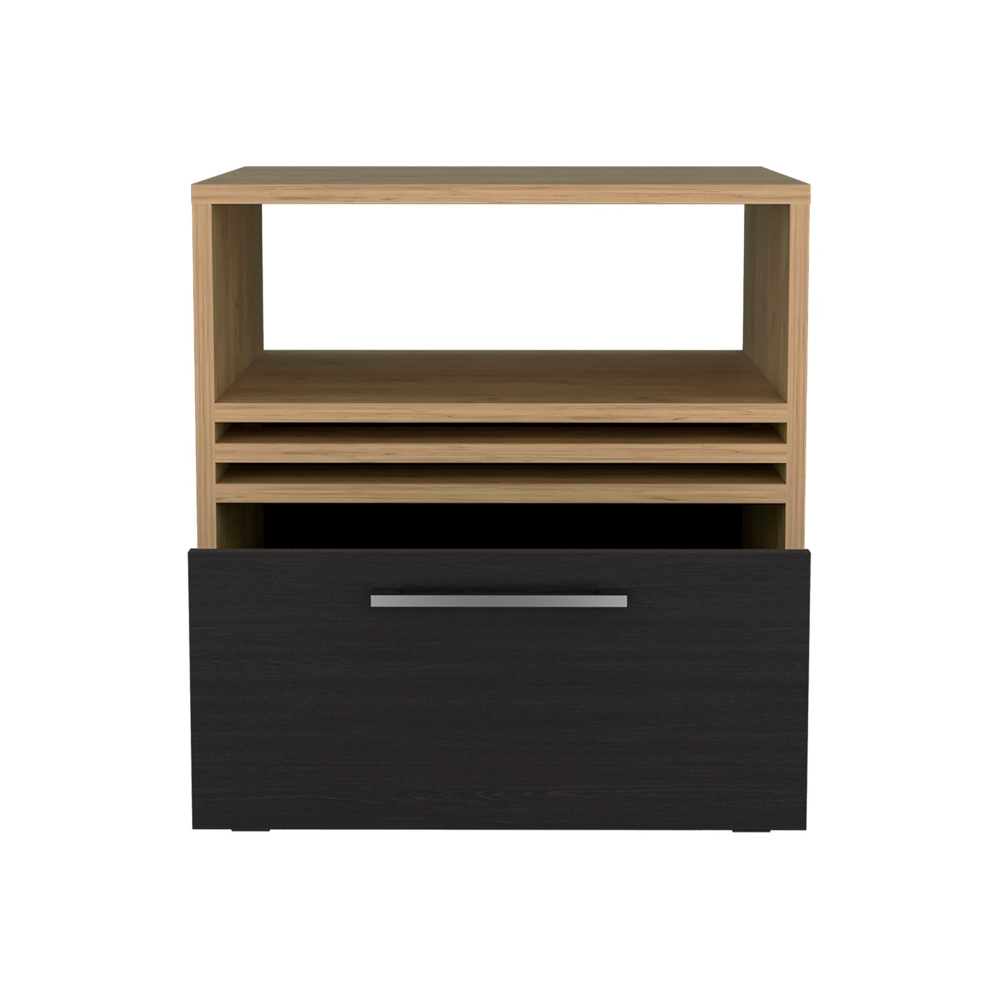 Modern nightstand with light wood shelving and a dark wood drawer