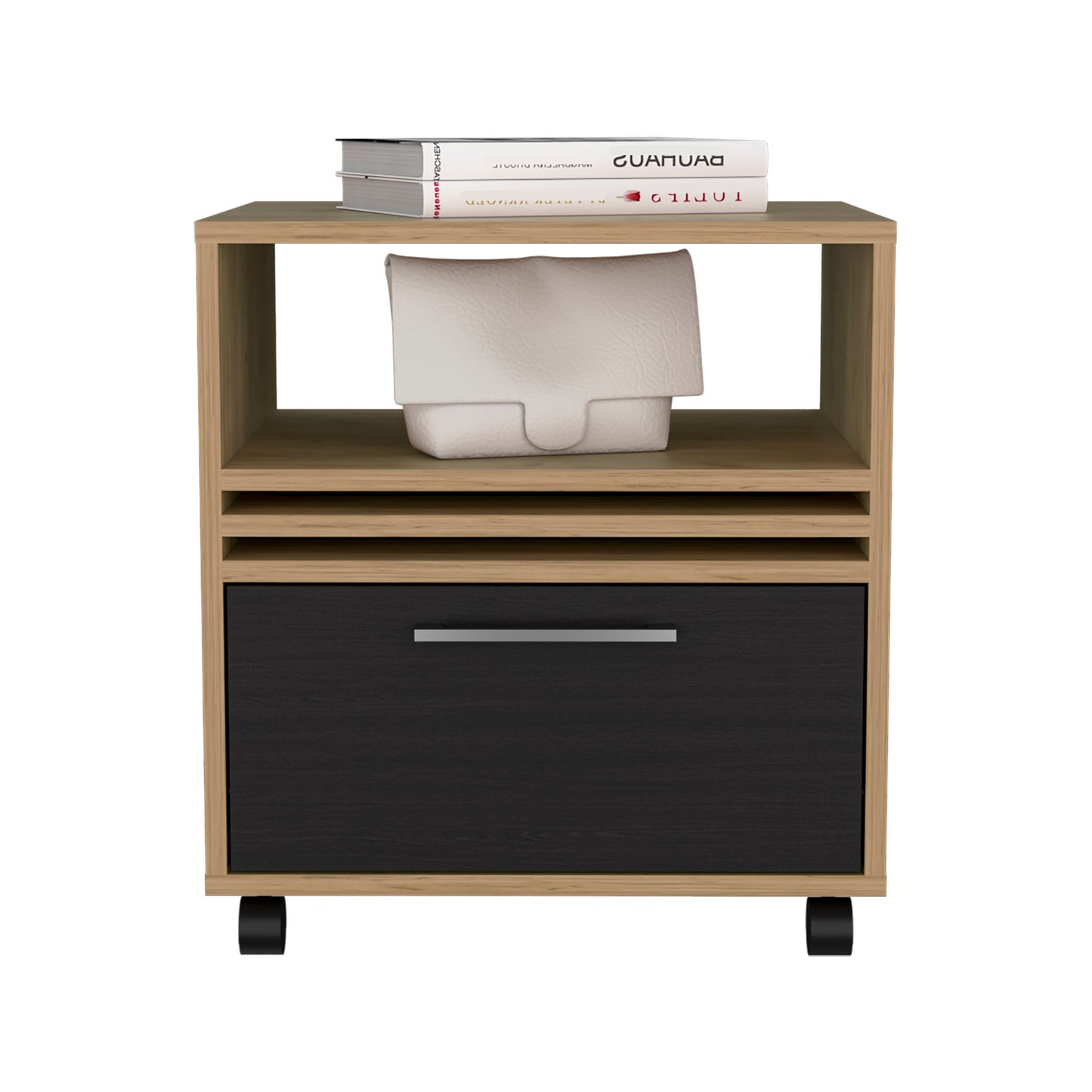Modern wood filing cabinet with black drawer and silver handle on wheels