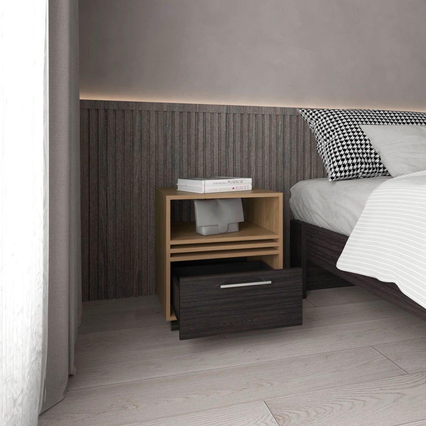 Modern twotone nightstand with an open shelf and a dark wood drawer