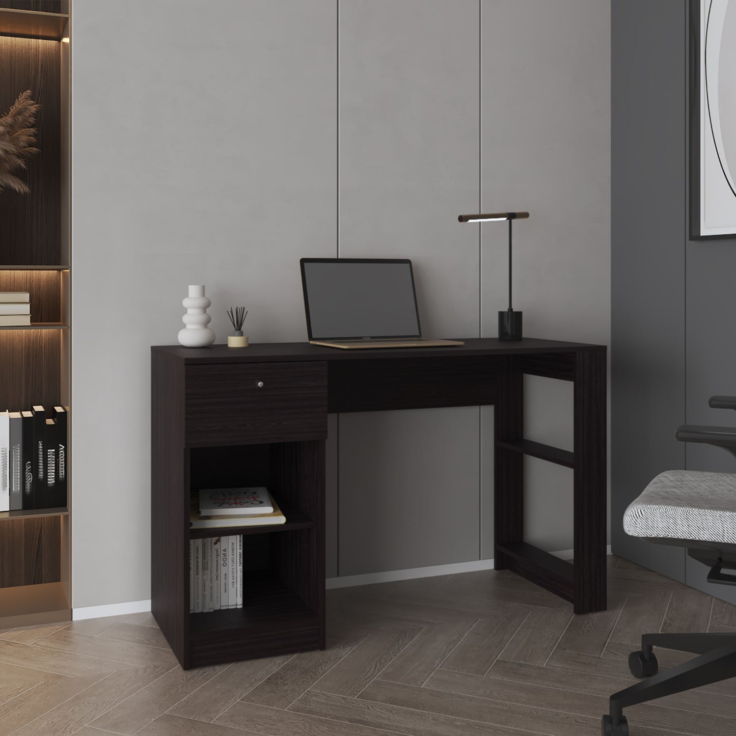 Dark wood writing desk with a single drawer and open shelving perfect for home offices