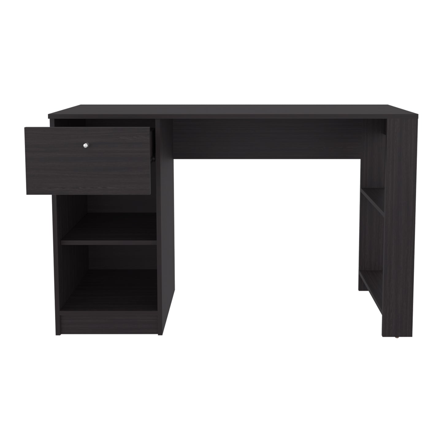 Dark espresso finish computer desk with open shelves and one drawer