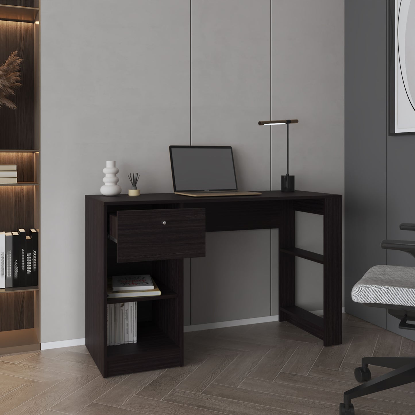 Dark espresso writing desk with integrated drawer and open shelving perfect for home offices