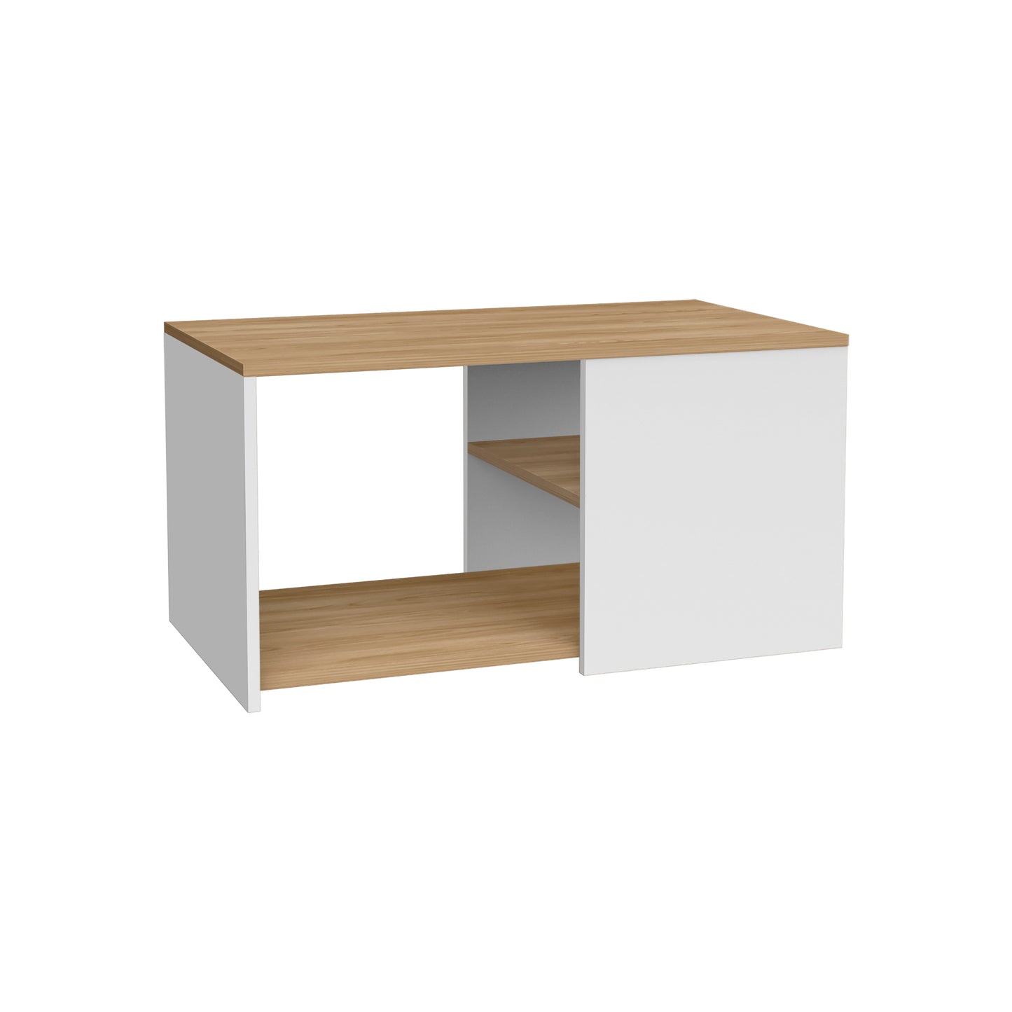 White modern desk with oak wood accents and open shelving