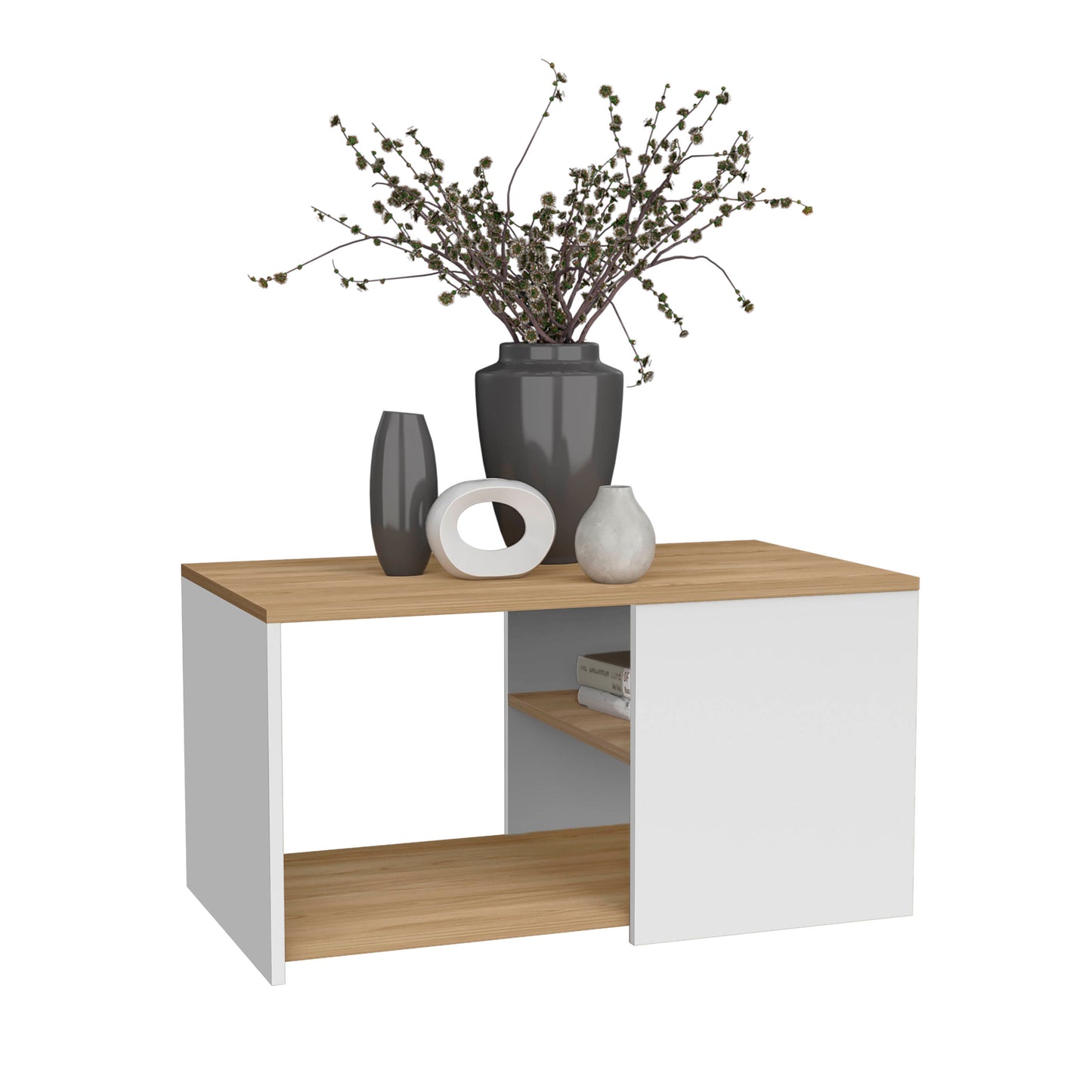 Modern white and wood coffee table with decorative vases and books for living room