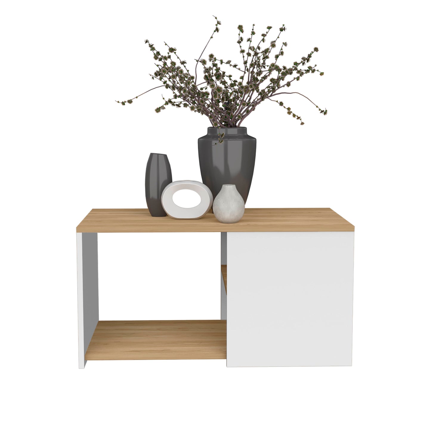 Modern coffee table with natural wood top and white base