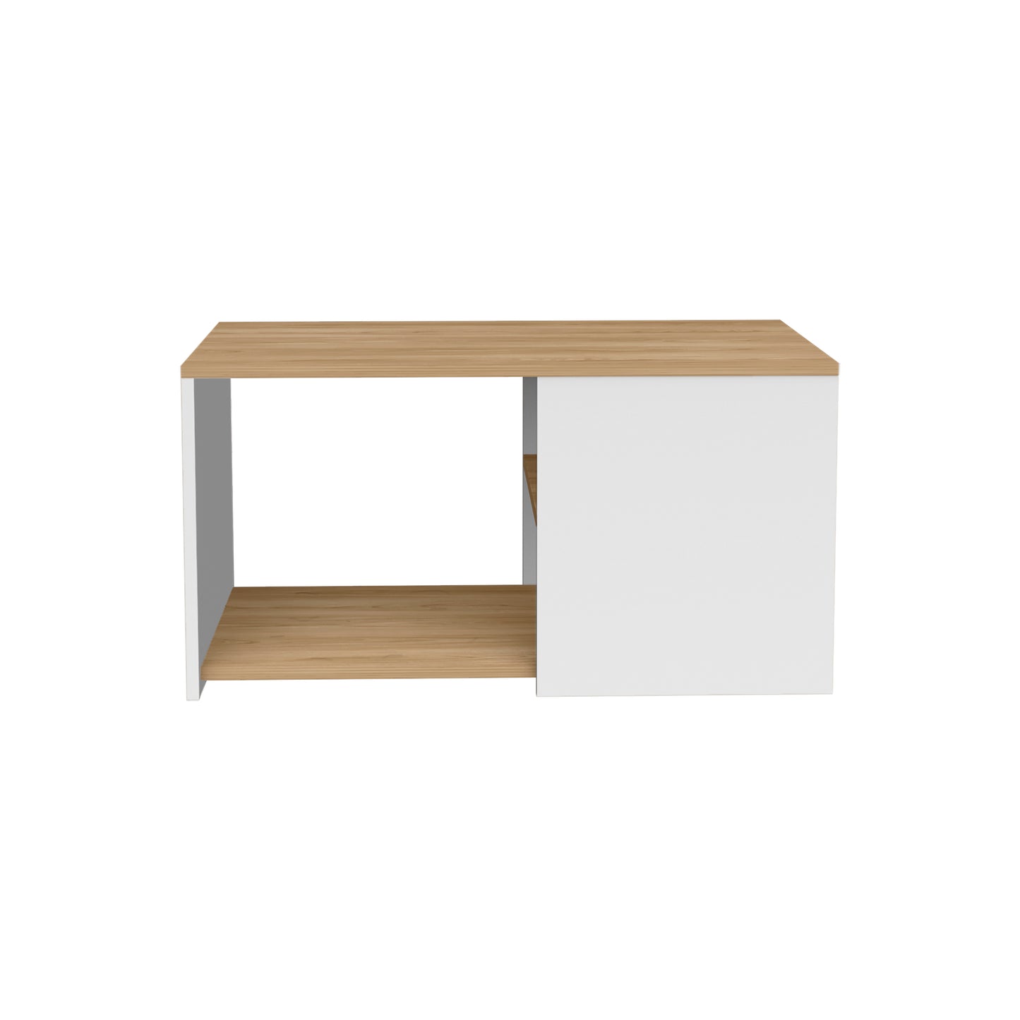 Modern white and wood desk with open shelving for office use