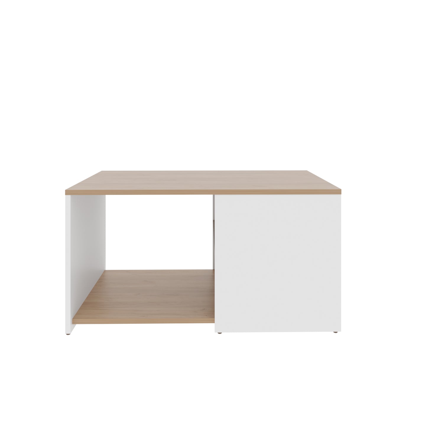 Modern white and oak coffee table with open shelving and a closed compartment