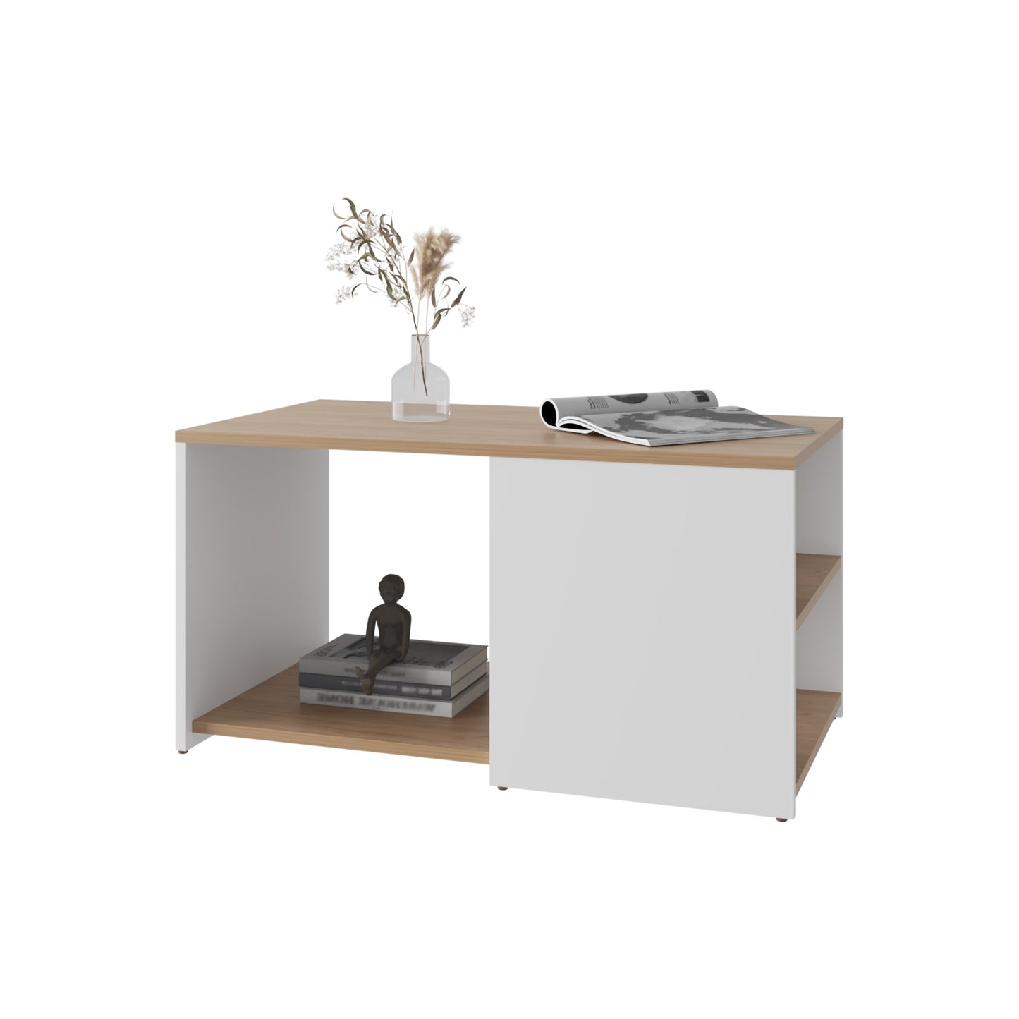 Modern white and wood coffee table with open shelving and minimalist decor