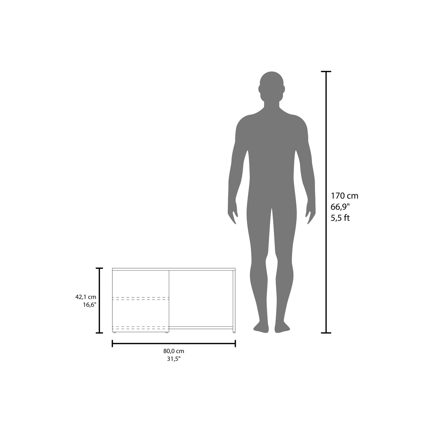Modern white twodoor cabinet shown with a human silhouette for scale reference