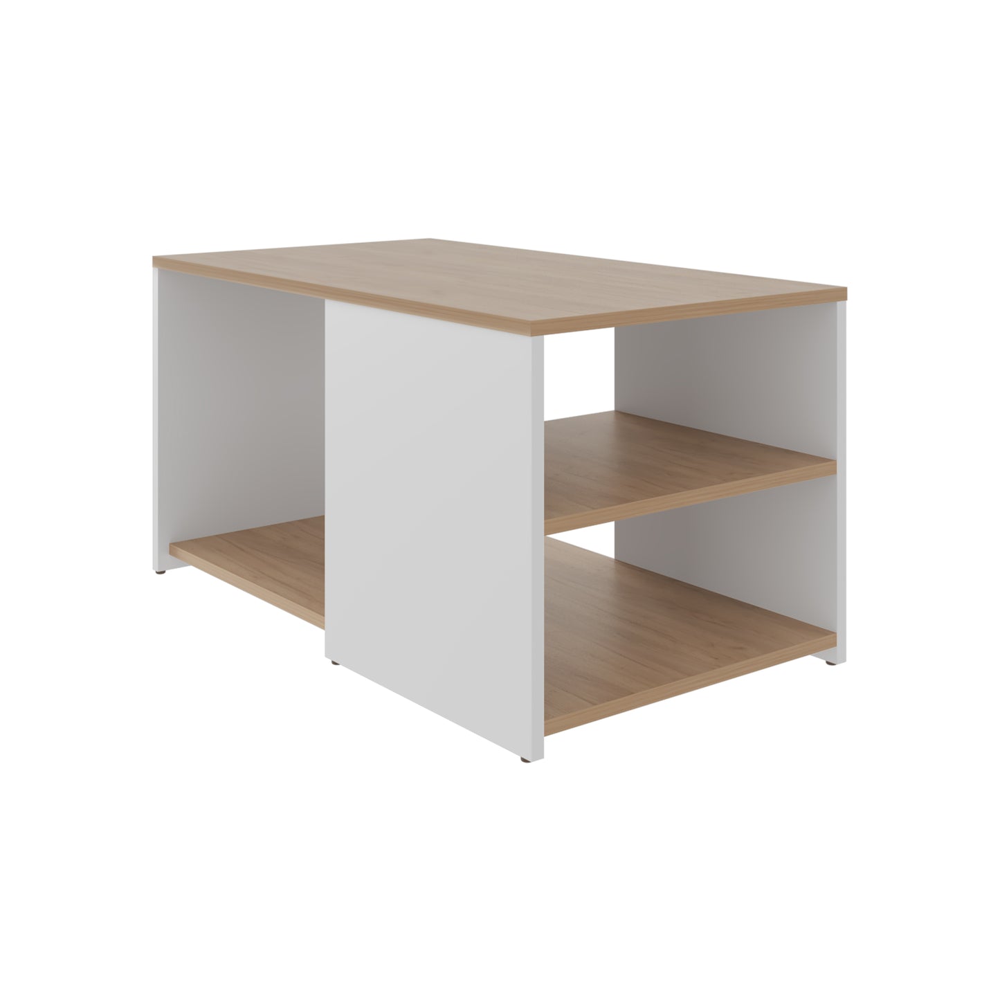 Modern white and wood coffee table with open shelving for living room storage