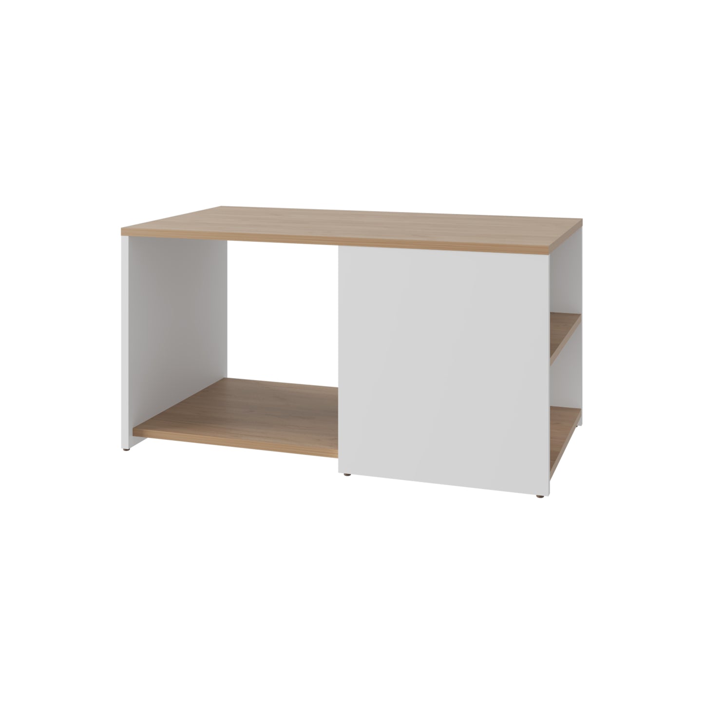 Modern white and oak coffee table with open shelving and clean lines