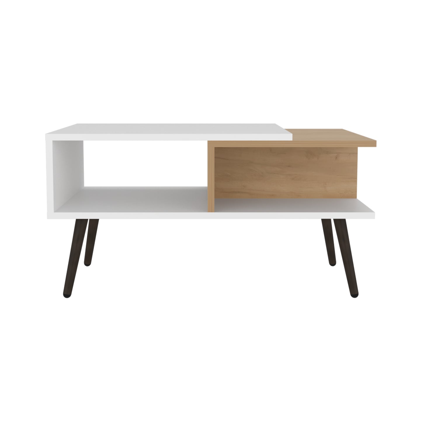 Modern white and oak coffee table with tapered legs and geometric design