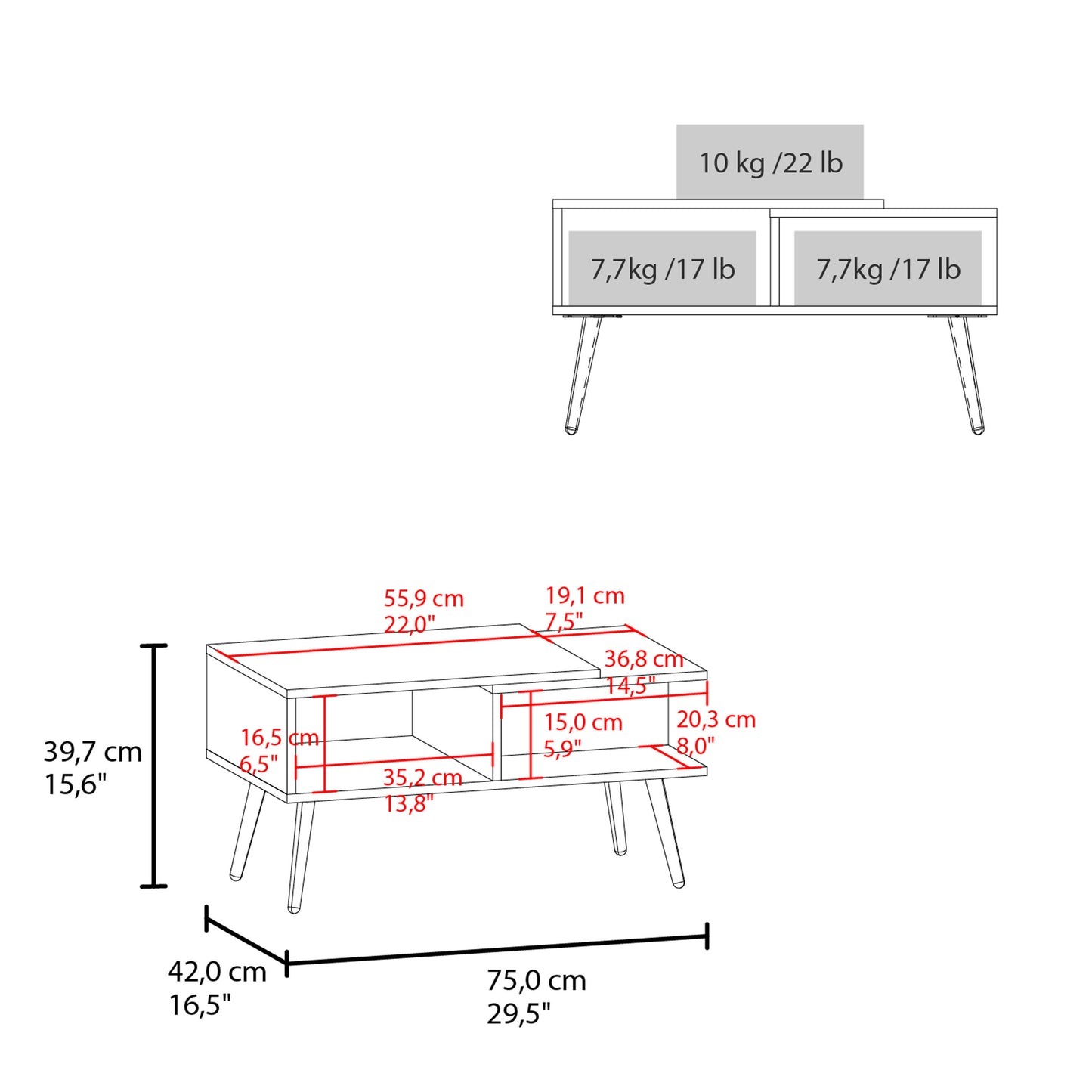 Line drawing of a modern white TV stand with angled legs and dimensions