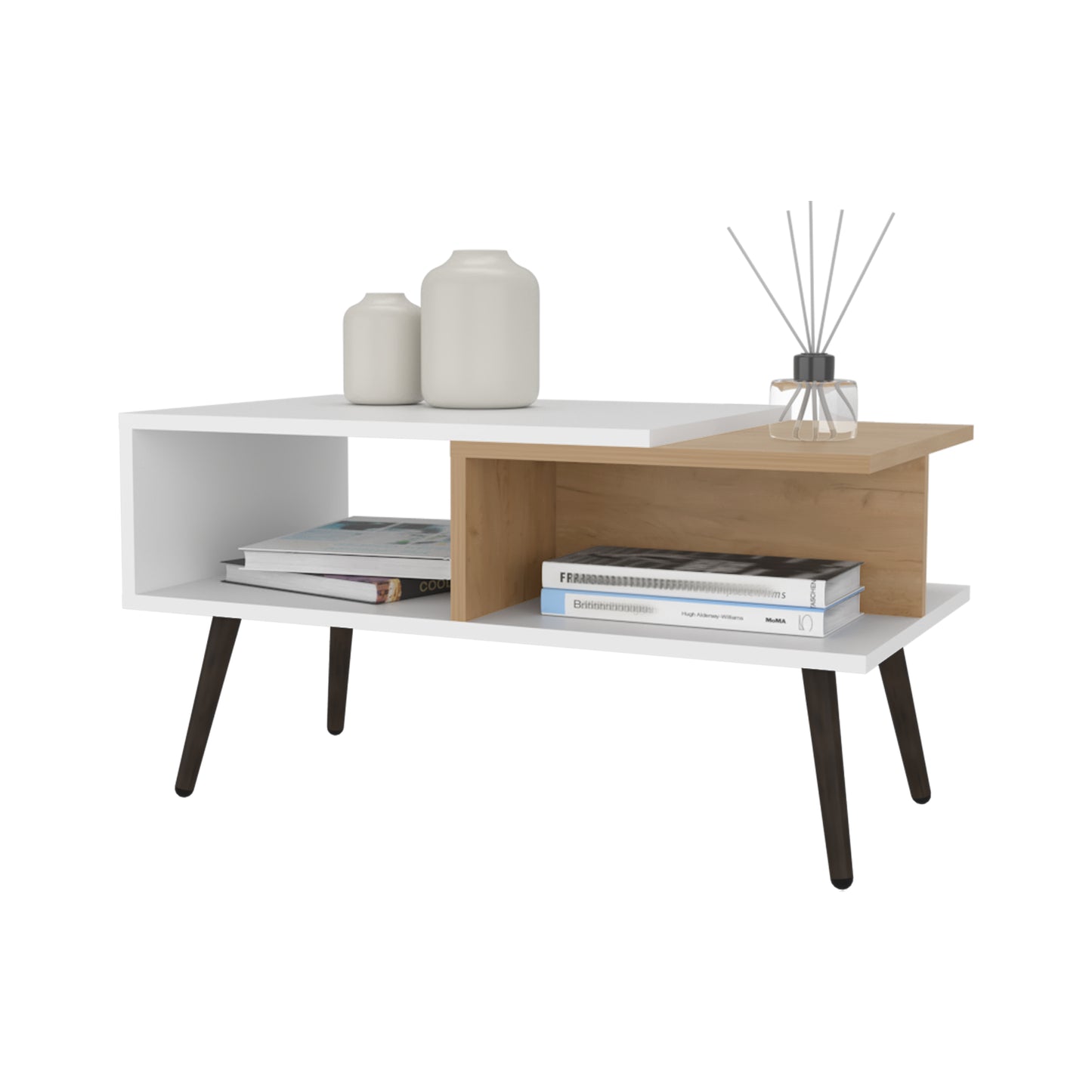 Modern white and oak accent table with integrated shelving perfect for living rooms