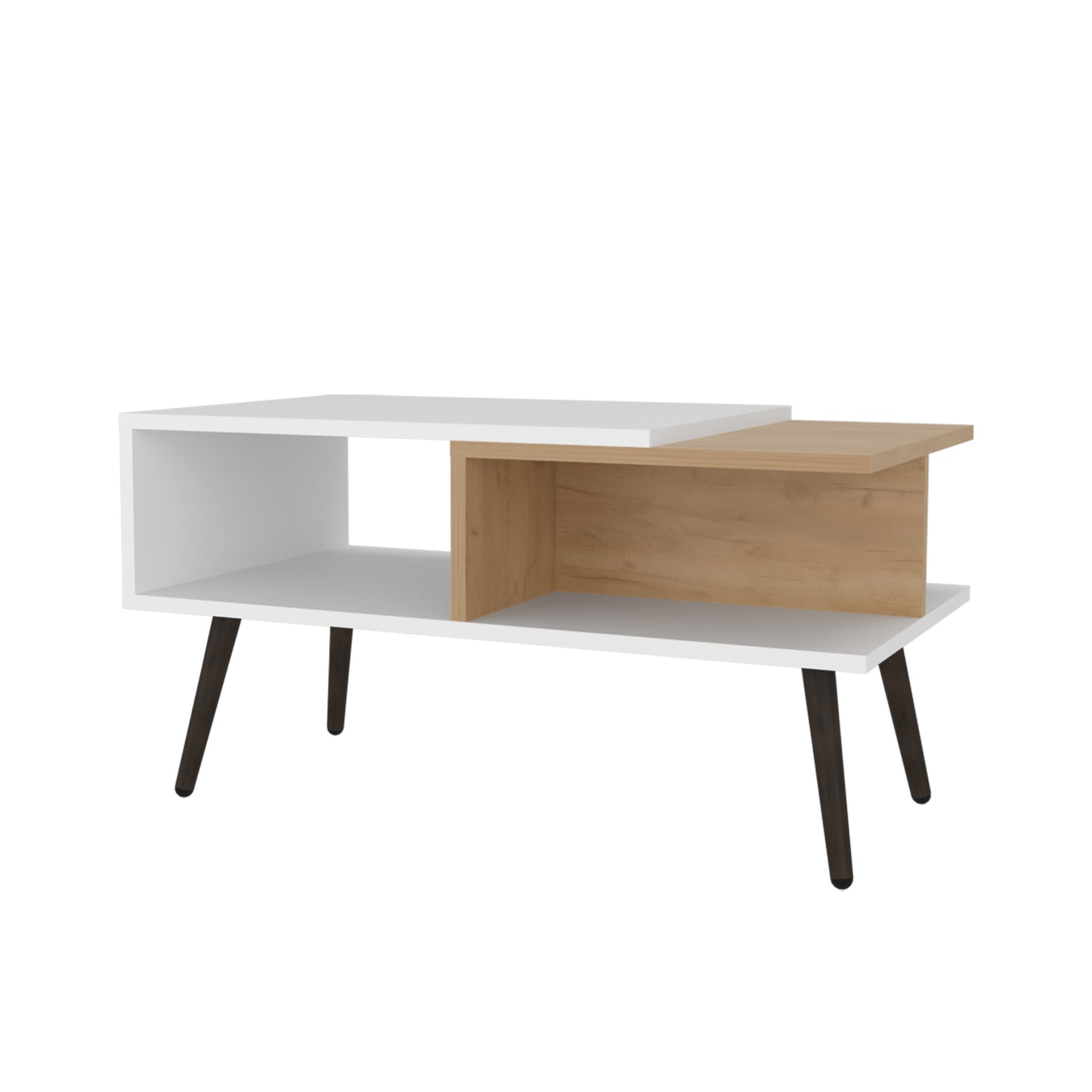 Modern white coffee table with natural wood accent and angled legs