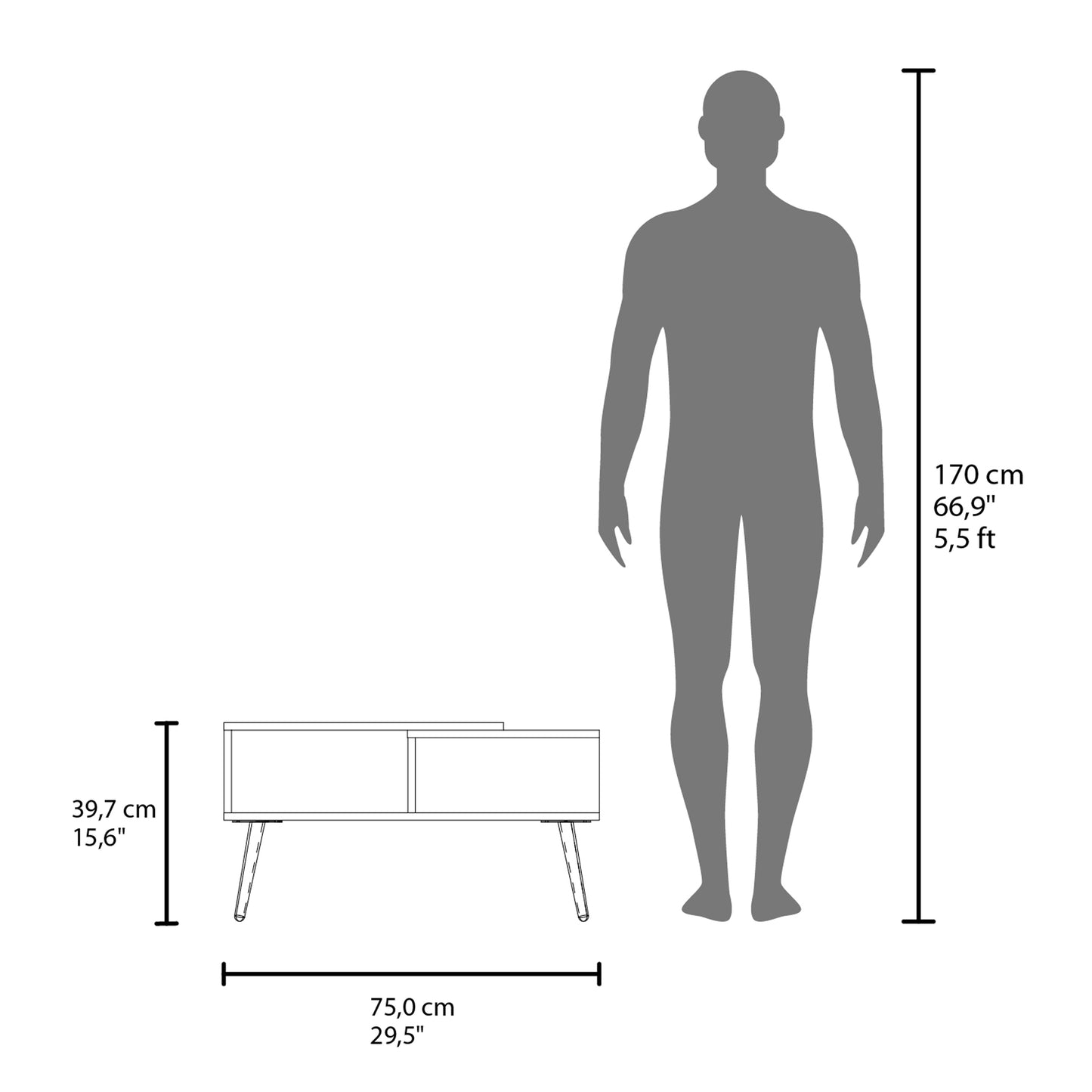 Modern wood coffee table with tapered legs and splitlid storage