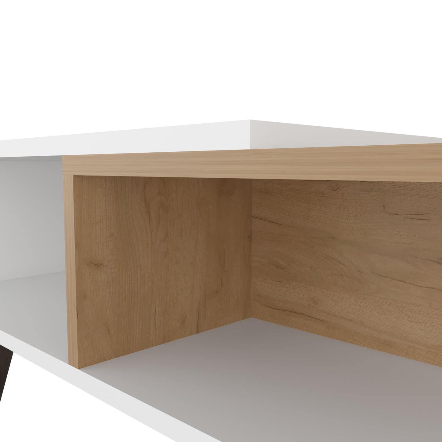 White modern coffee table with oak wood grain interior shelf