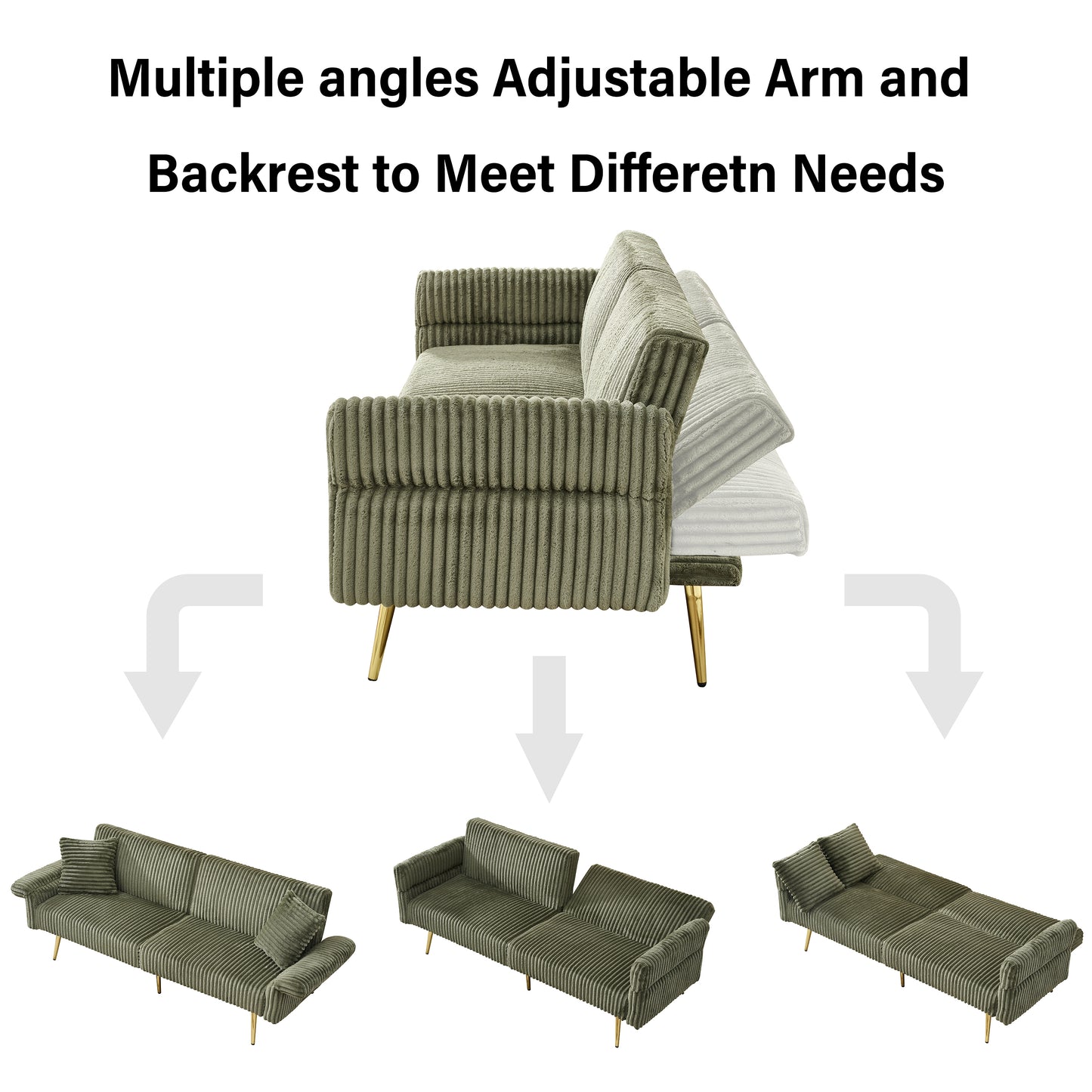 Green corduroy sofa with adjustable backrest and gold legs versatile for seating or sleeping