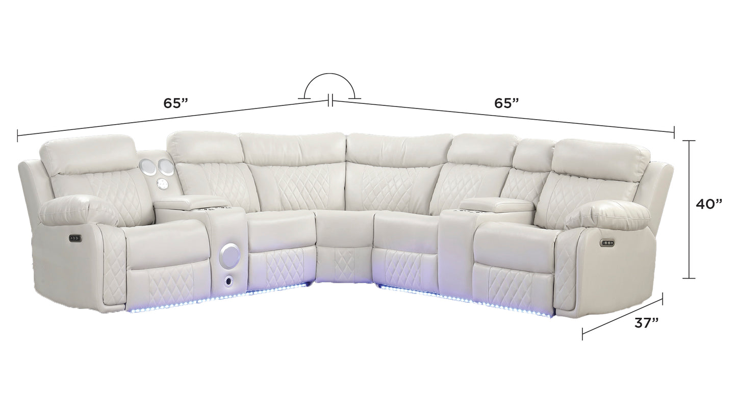 Luxury cream sectional sofa with diamond stitching cup holders and LED lighting