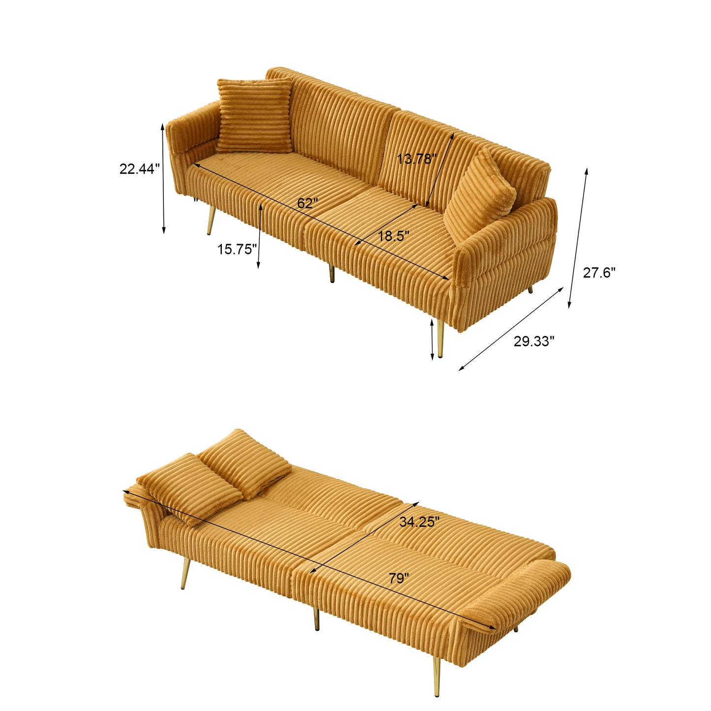 Yellow corduroy sofa with two throw pillows and gold legs shown in sofa and bed form