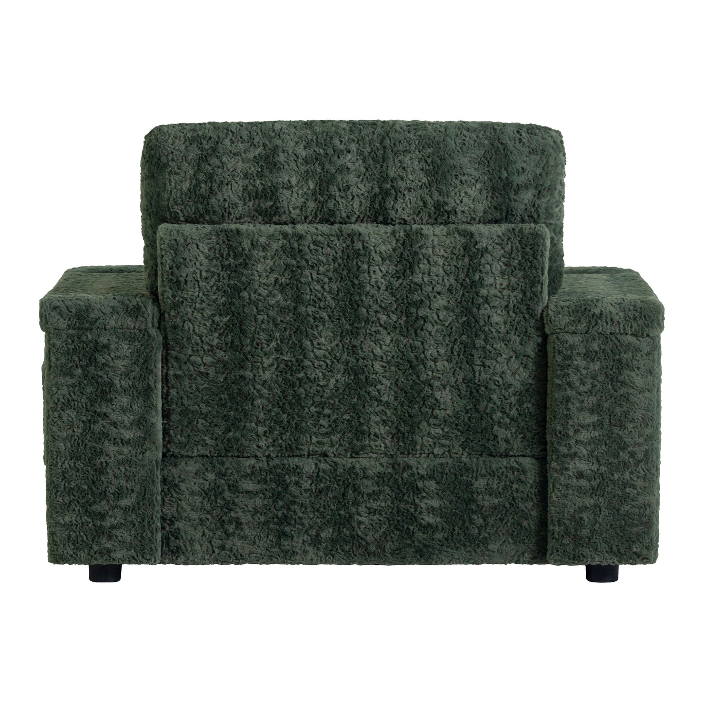 Plush emerald green armchair with a textured boucle fabric and modern block legs