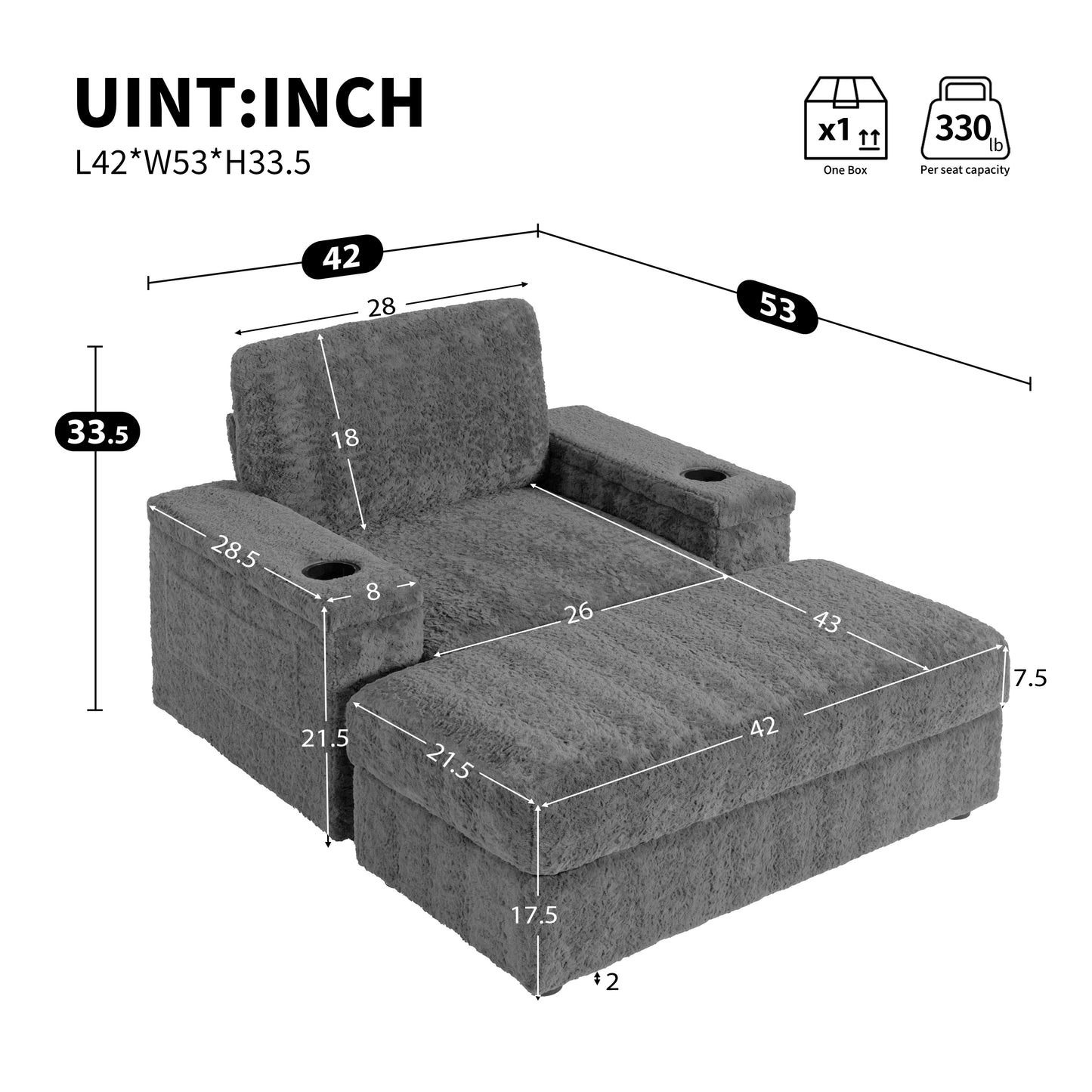 Gray plush recliner chair with cup holders and extended footrest LWH