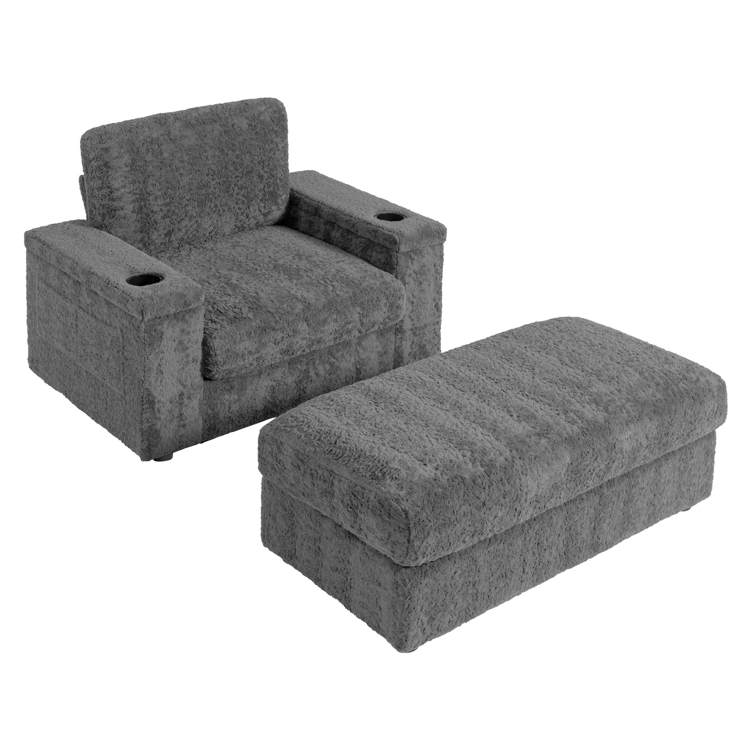 Plush grey toddler armchair with cup holders and matching ottoman