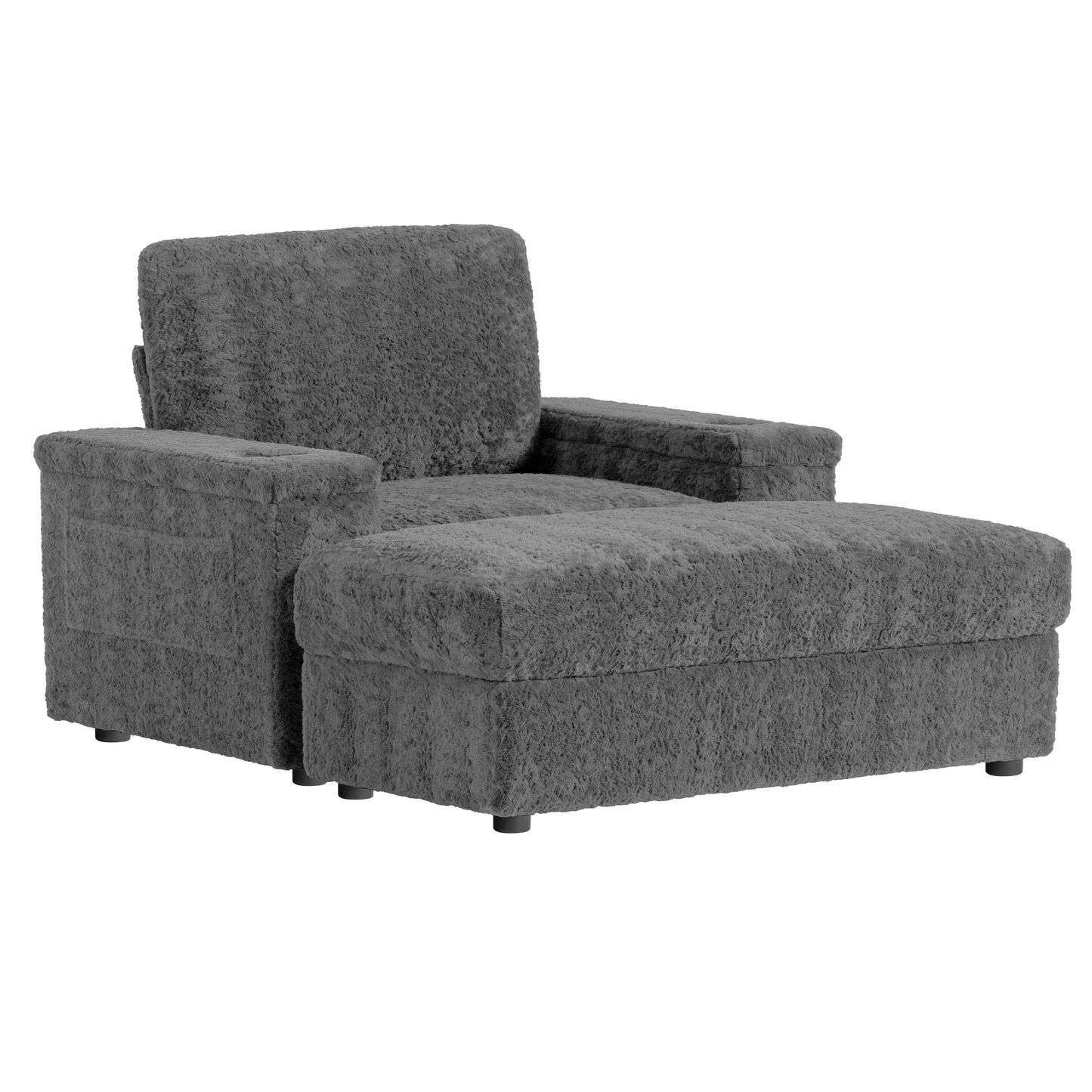 Plush grey boucle fabric armchair with matching ottoman providing a cozy seating solution