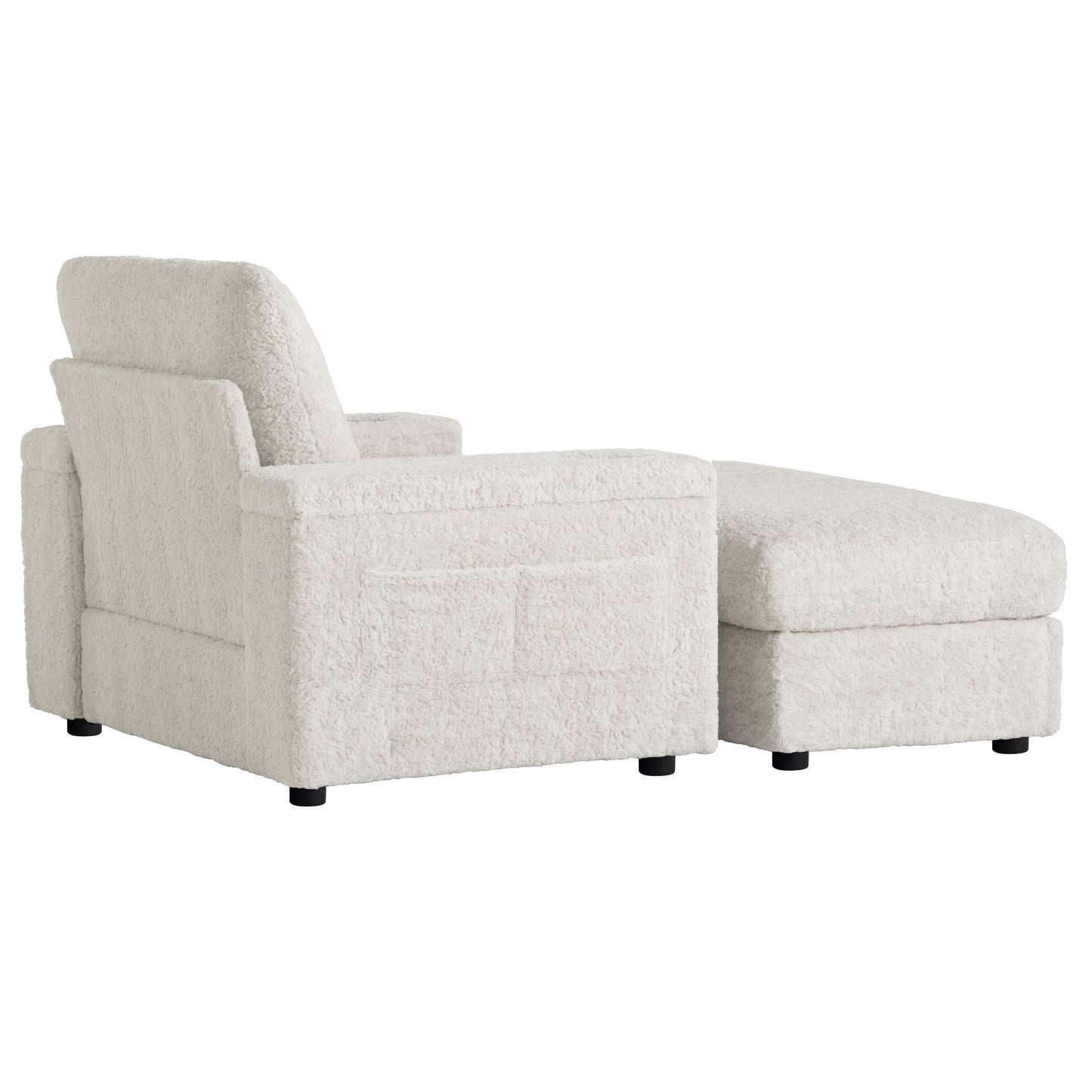 Cozy offwhite teddy fabric armchair with matching ottoman perfect for relaxing