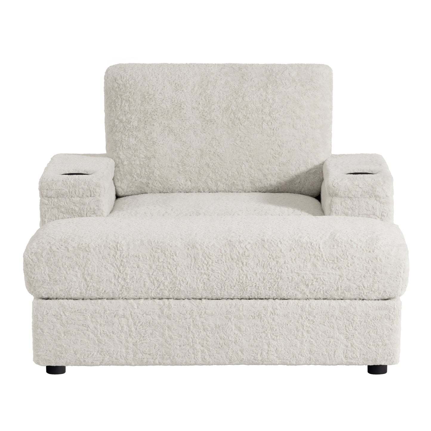 Plush cream boucle armchair with integrated cup holders for ultimate comfort
