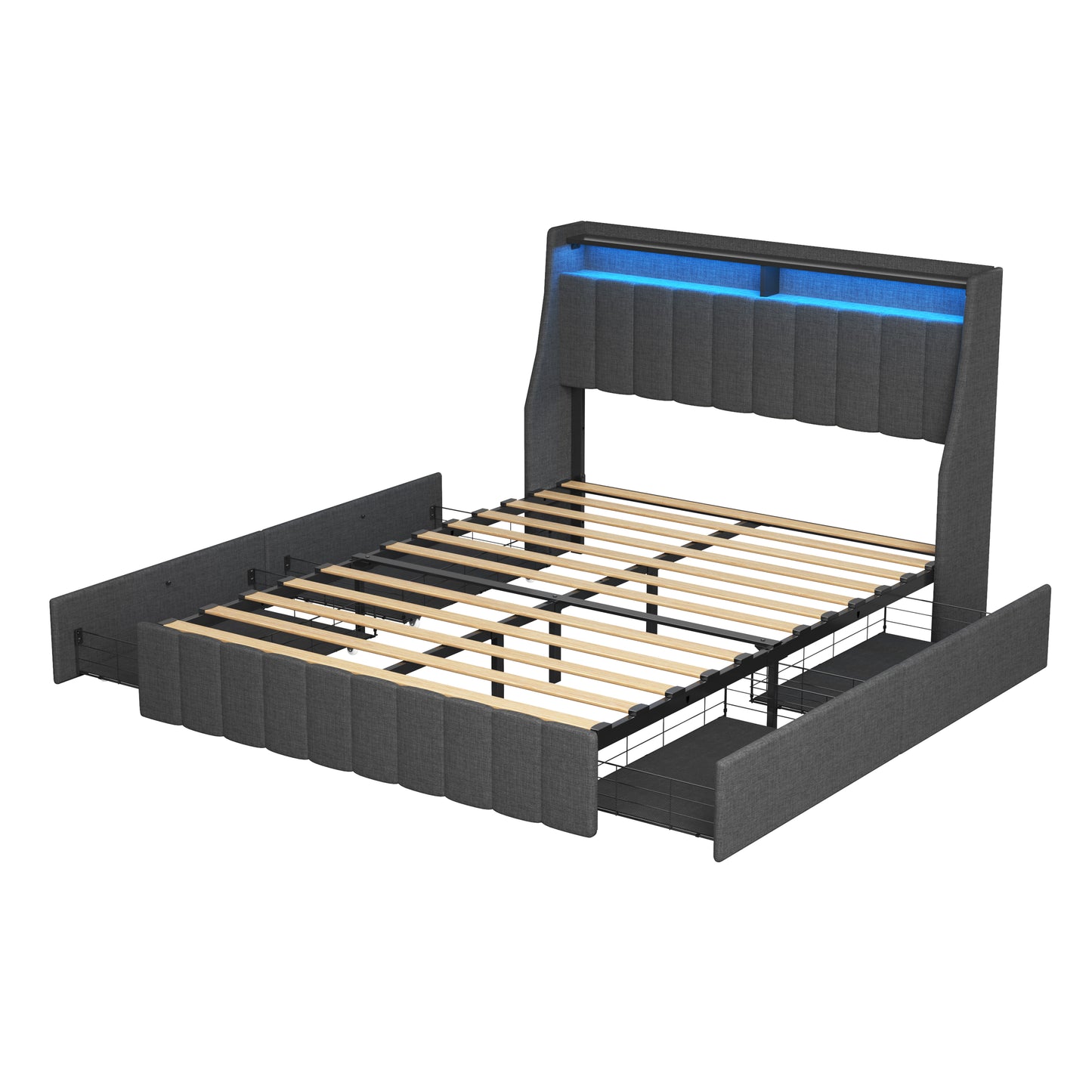 Modern upholstered bed frame with blue LED headboard and storage drawers