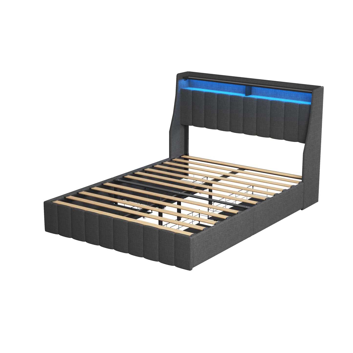 Dark gray upholstered platform bed frame with channeled headboard and blue LED lighting
