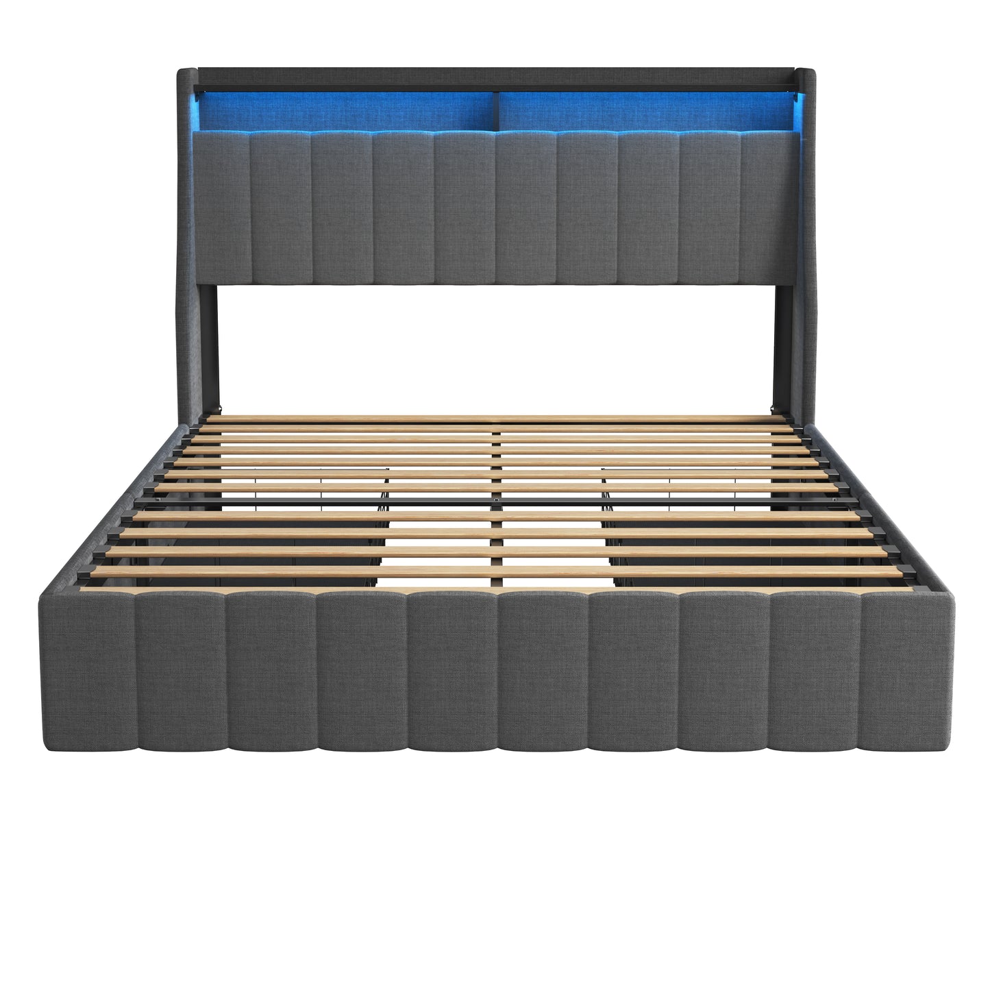 Upholstered grey bed frame with integrated blue LED headboard lighting and wooden slats