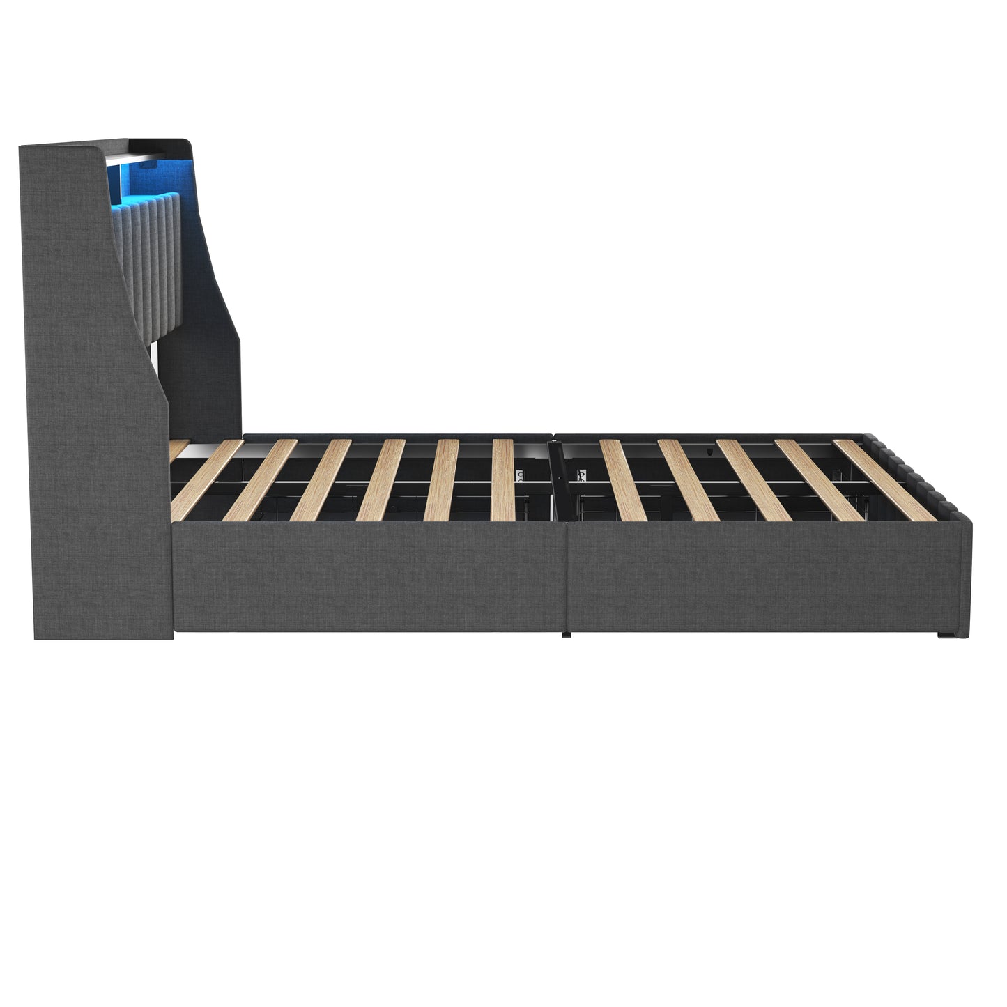 Dark gray fabric platform bed frame with LED headboard lights and wooden slats