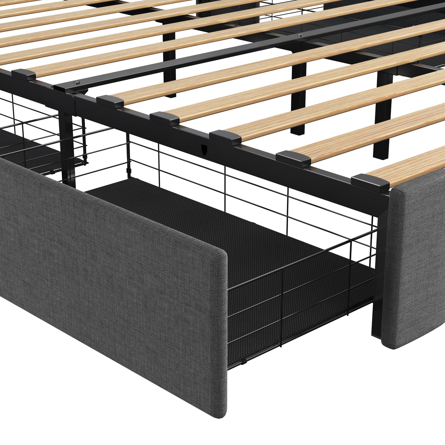 Dark gray upholstered bed frame with builtin storage drawers and wooden slats