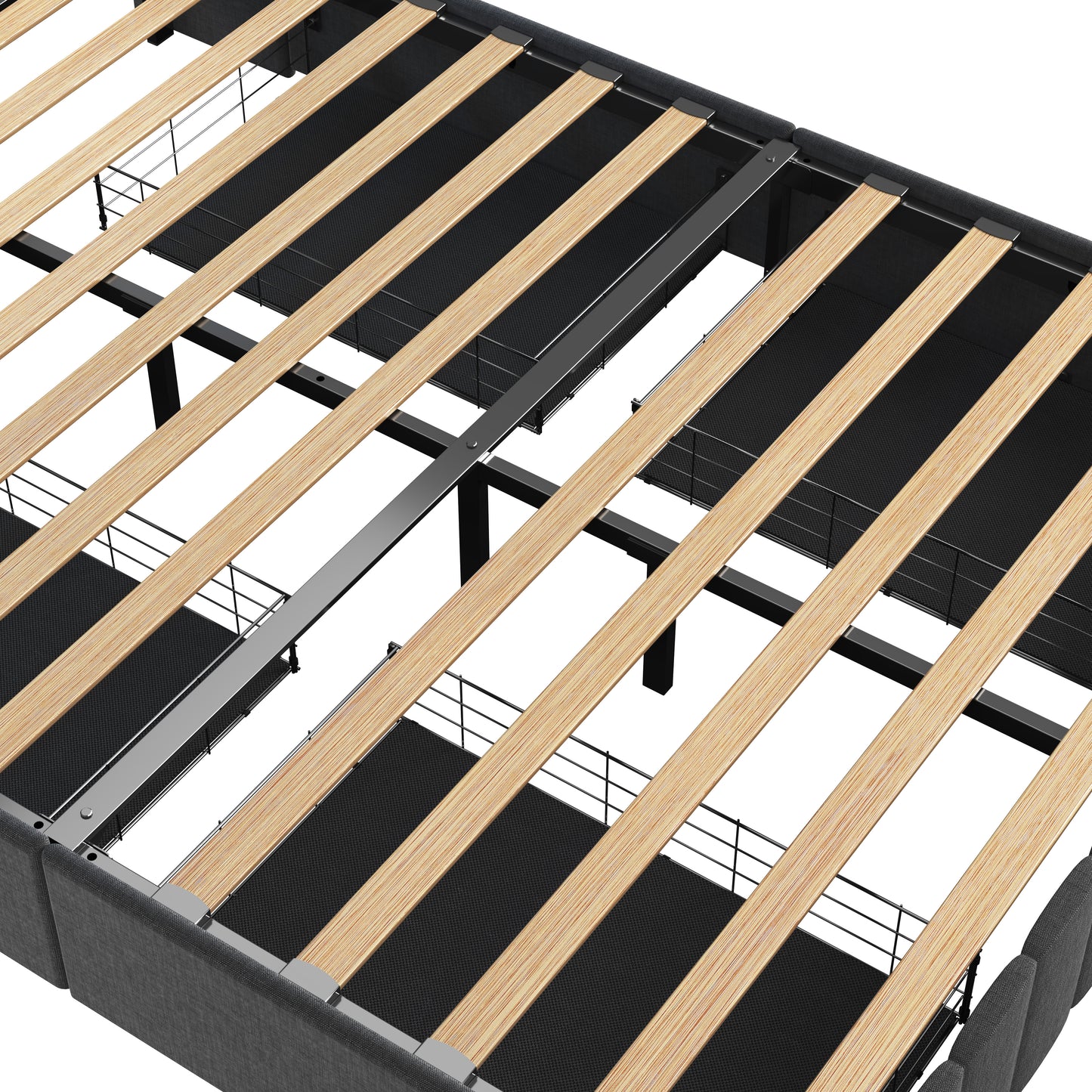 Close up of a grey upholstered bed frame base with natural wood slats