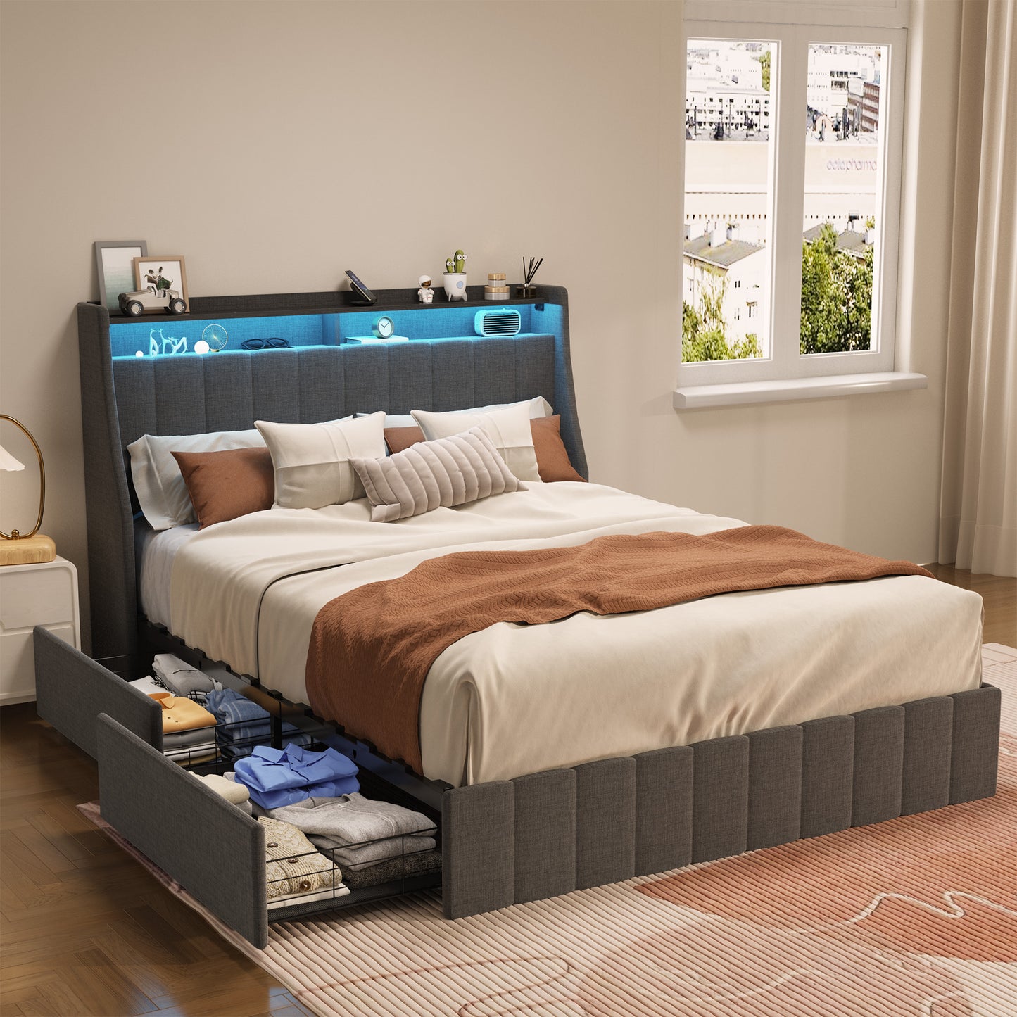 King size grey upholstered platform bed with builtin storage drawers and LED headboard