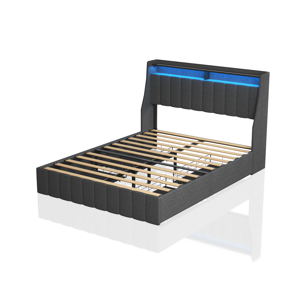 Gray fabric bed frame with LED headboard