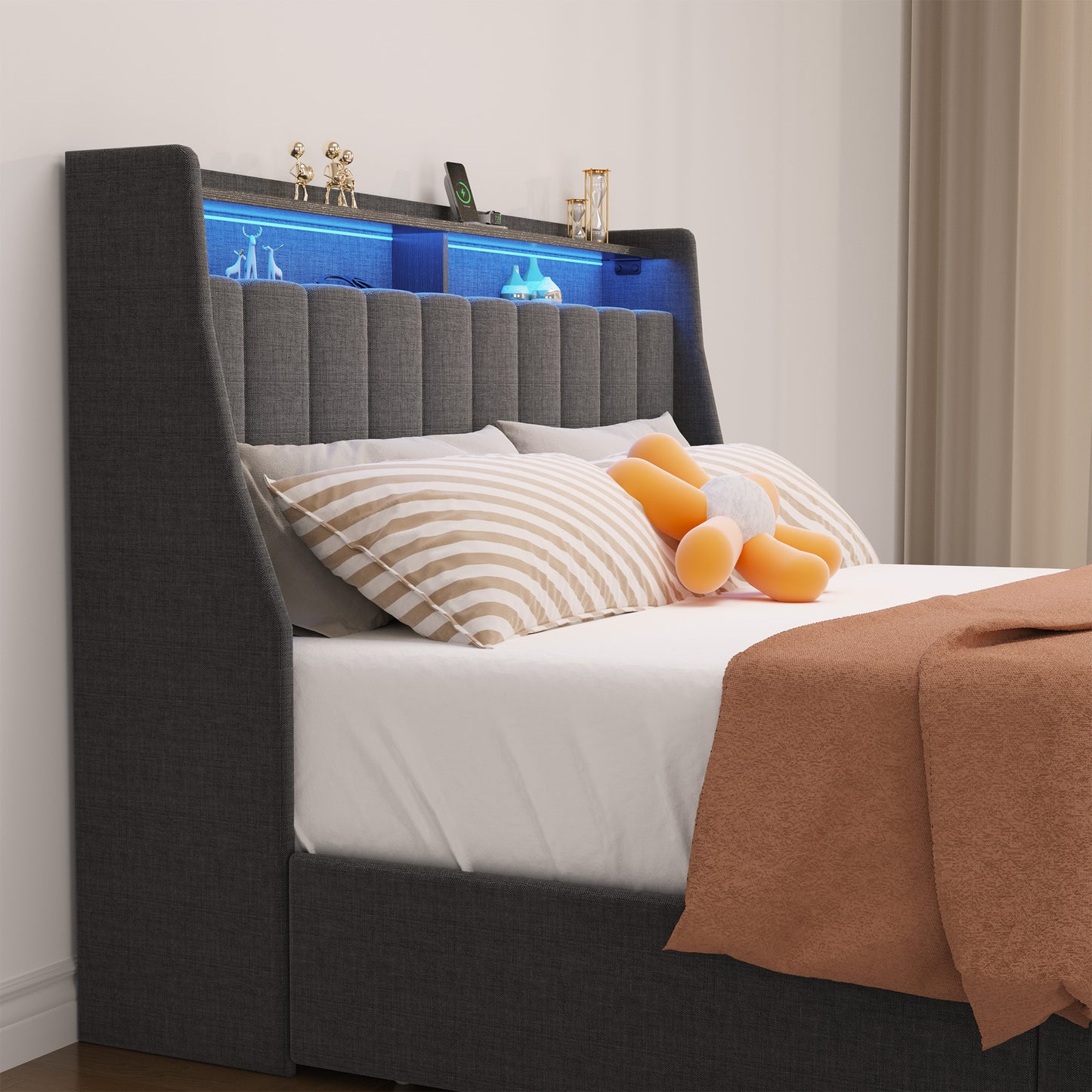 Dark gray fabric bed with integrated shelf and blue LED lighting