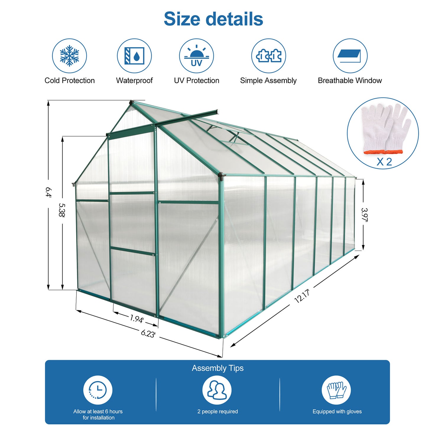 Green frame poly tunnel greenhouse with dimensions offering cold protection and UV filtering