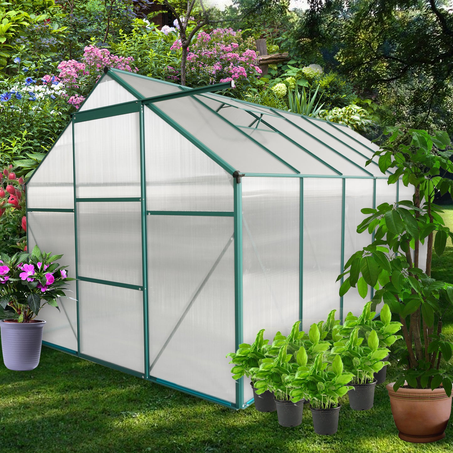 Spacious walkin greenhouse with green metal frame and translucent polycarbonate panels for yearround gardening